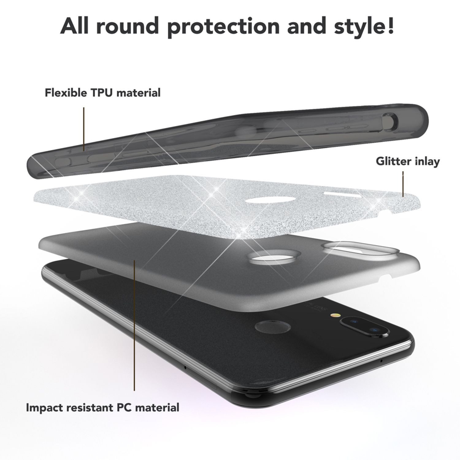 Nalia Smartphone-Hülle Huawei P20 Lite 14,7 cm (5,8 Zoll), Glitzer Silikon Hülle / Verstärkte Innenseite / Glänzende Schutzhülle