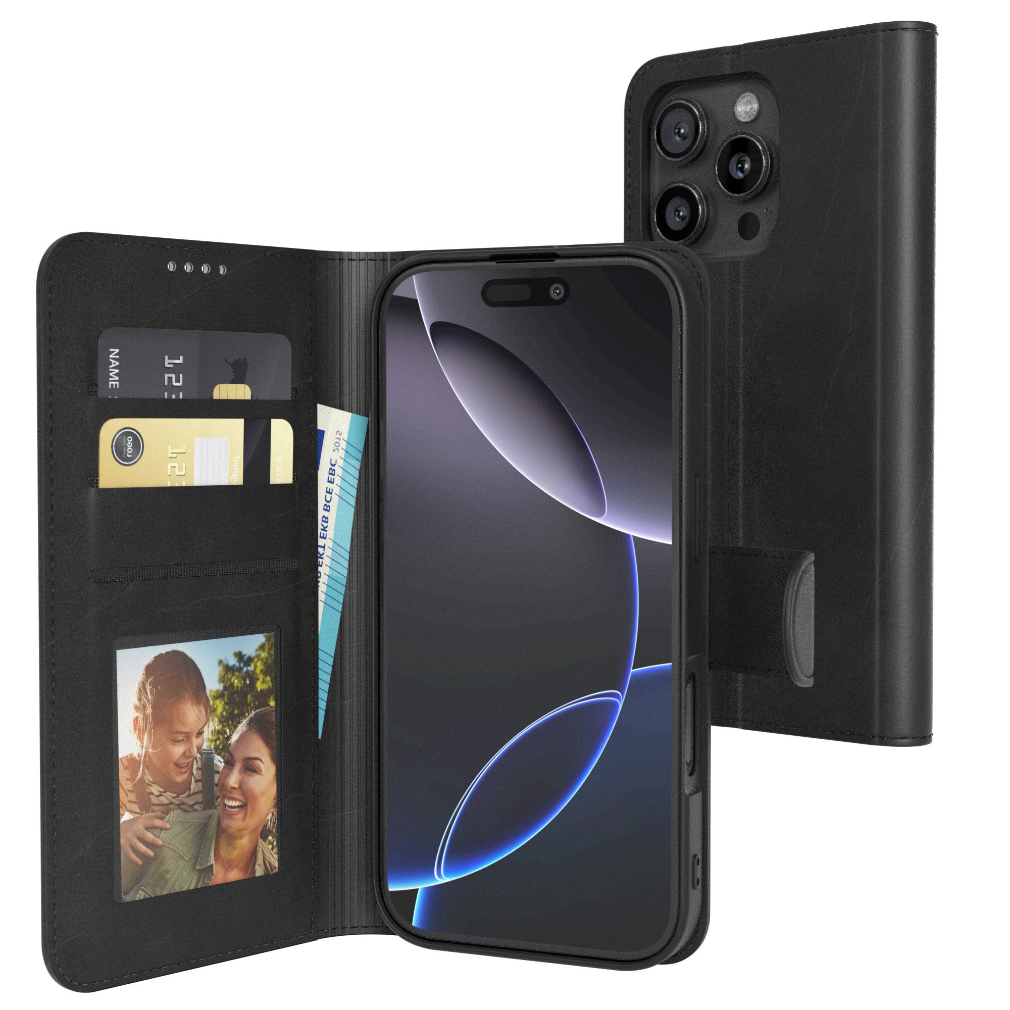 EAZY CASE Handyhülle Business Handyhülle Kartenfächer für iPhone 16 Pro 6,3 Zoll, Schutzhülle mit Standfunktion zum Aufklappen aufstellbar Etui Schwarz