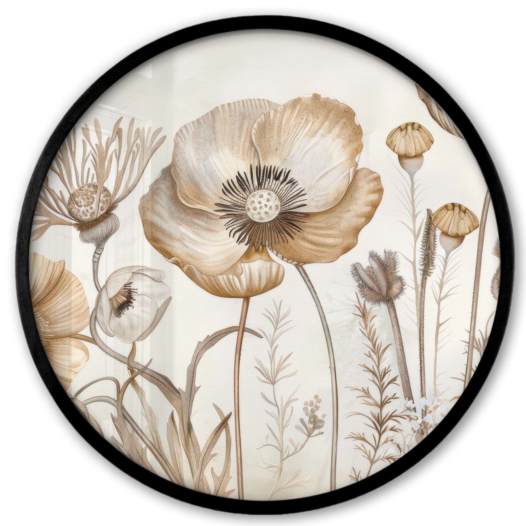 MuchoWow Poster Rund - Blumen - Beige - Natur - Illustration, (1 St), Runde Wandbilder, Deko für Wohnzimmer und Schlafzimmer, 40x40 cm