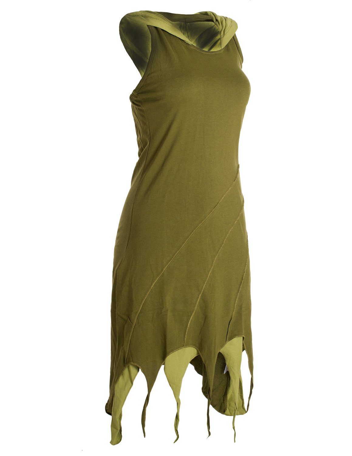 Elfen olive Neckholderkleid Zipfel-Neckholder Vishes Kleid Baumwolle Hippie, aus Goa, Kapuzen Lagenlook