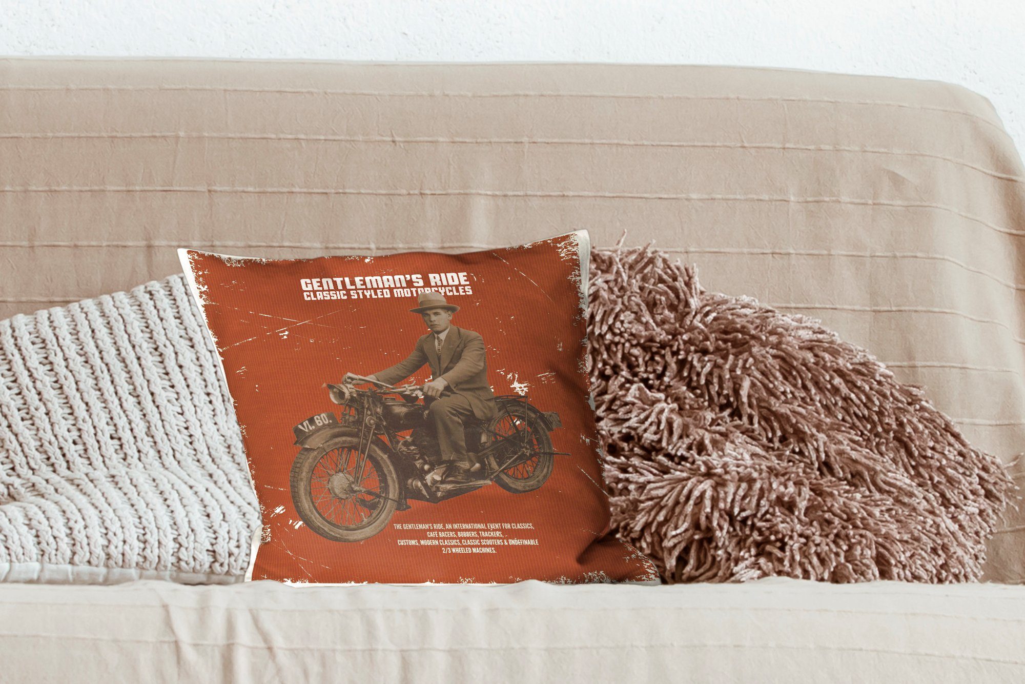 MuchoWow Dekokissen Mancave - Motorrad Deko, mit - Anzug - Schlafzimmer, Wohzimmer, Vintage, Sofakissen Zierkissen für Füllung