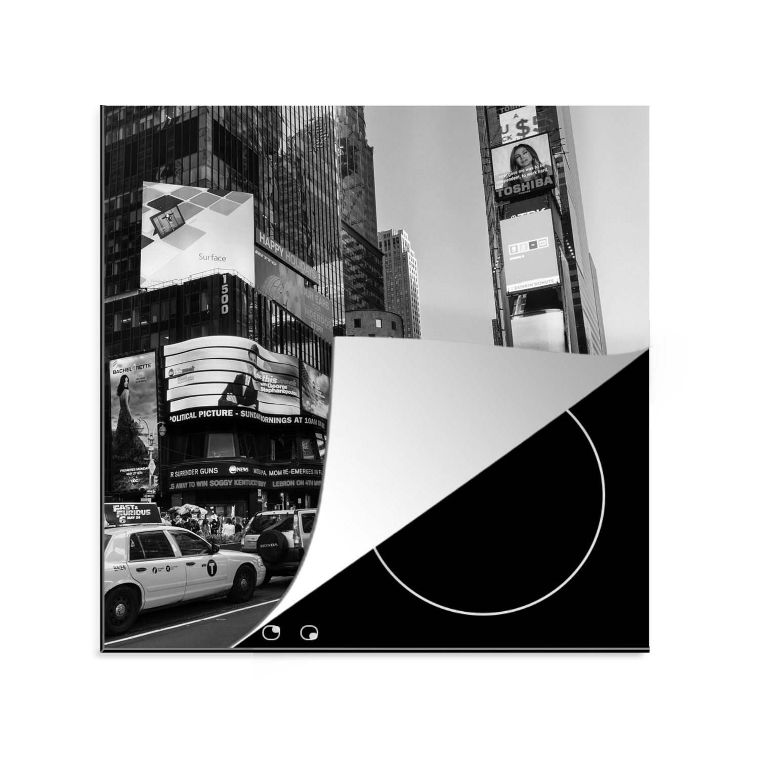MuchoWow Herdblende-/Abdeckplatte Taxis am Times Square - schwarz und weiß, Vinyl, (1 tlg), 78x78 cm, Ceranfeldabdeckung, Arbeitsplatte für küche