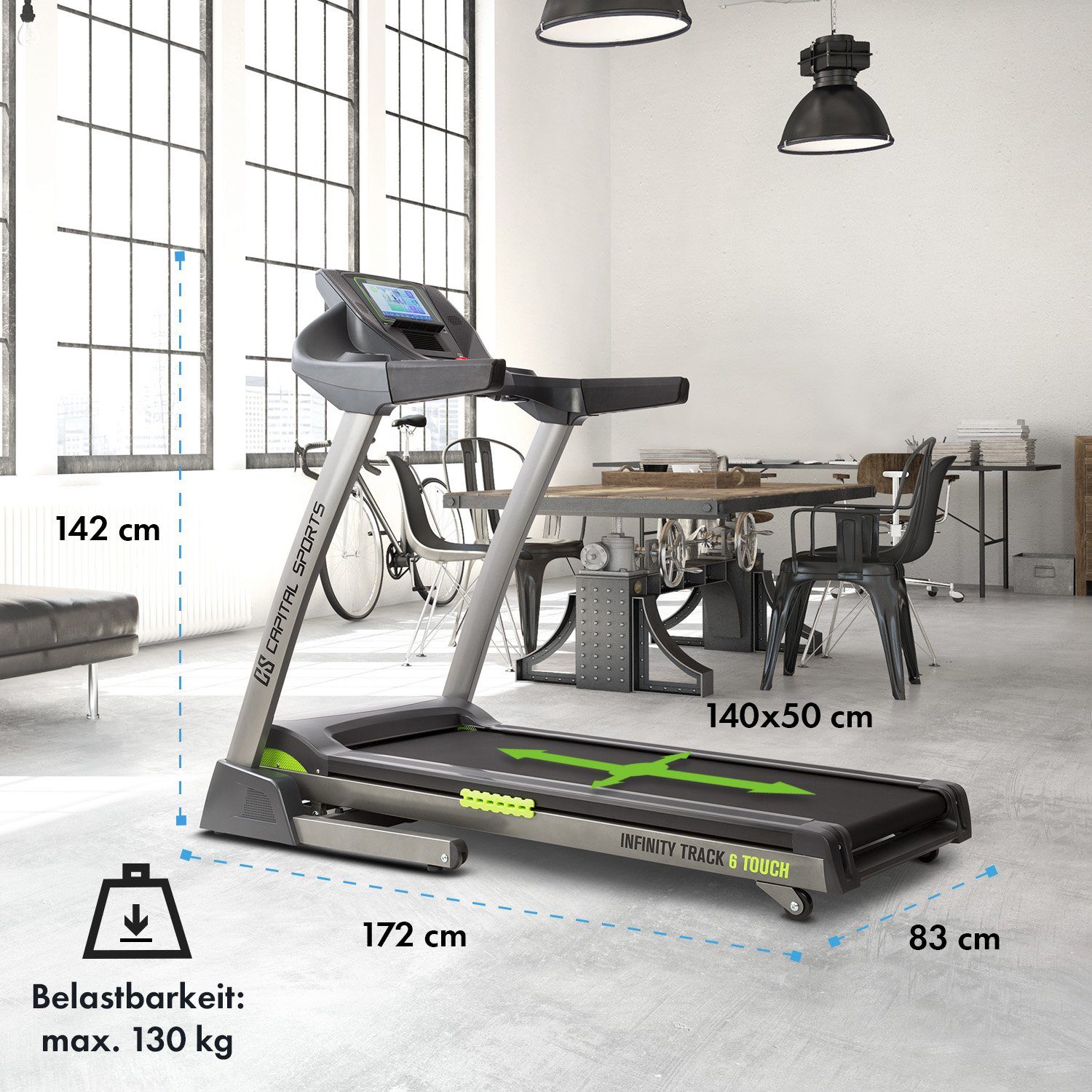 Capital Sports Laufband Infinity Track 6.0, Treadmill Laufbahn mit Pulssensor 36 Programme klappbar Bodenrollen