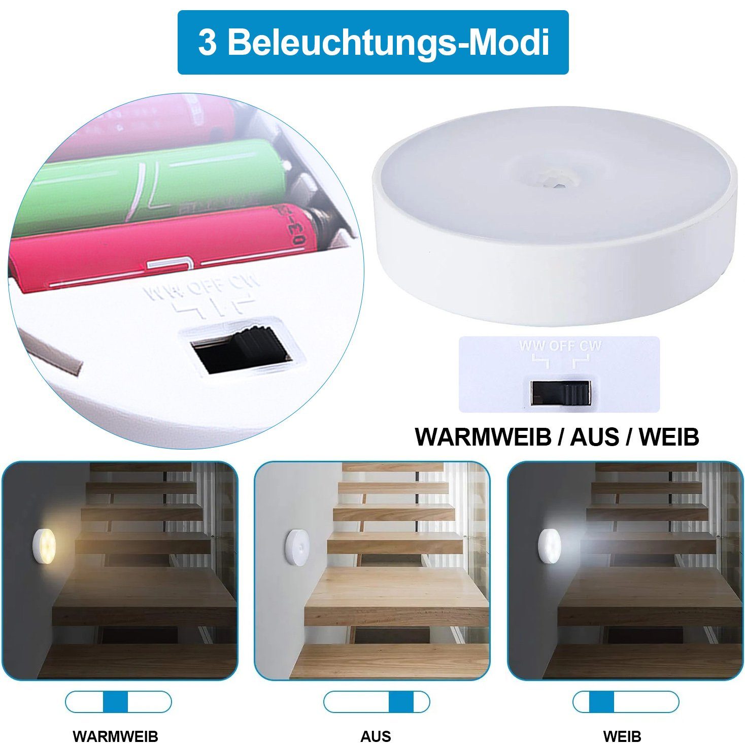 Weiß, Kleiderschrank Warmweiß, Nachtlicht 2-farbig, Treppe Rosnek batterie, Deko PIR-Bewegungsmelder, für Schlafzimmer Flur, LED