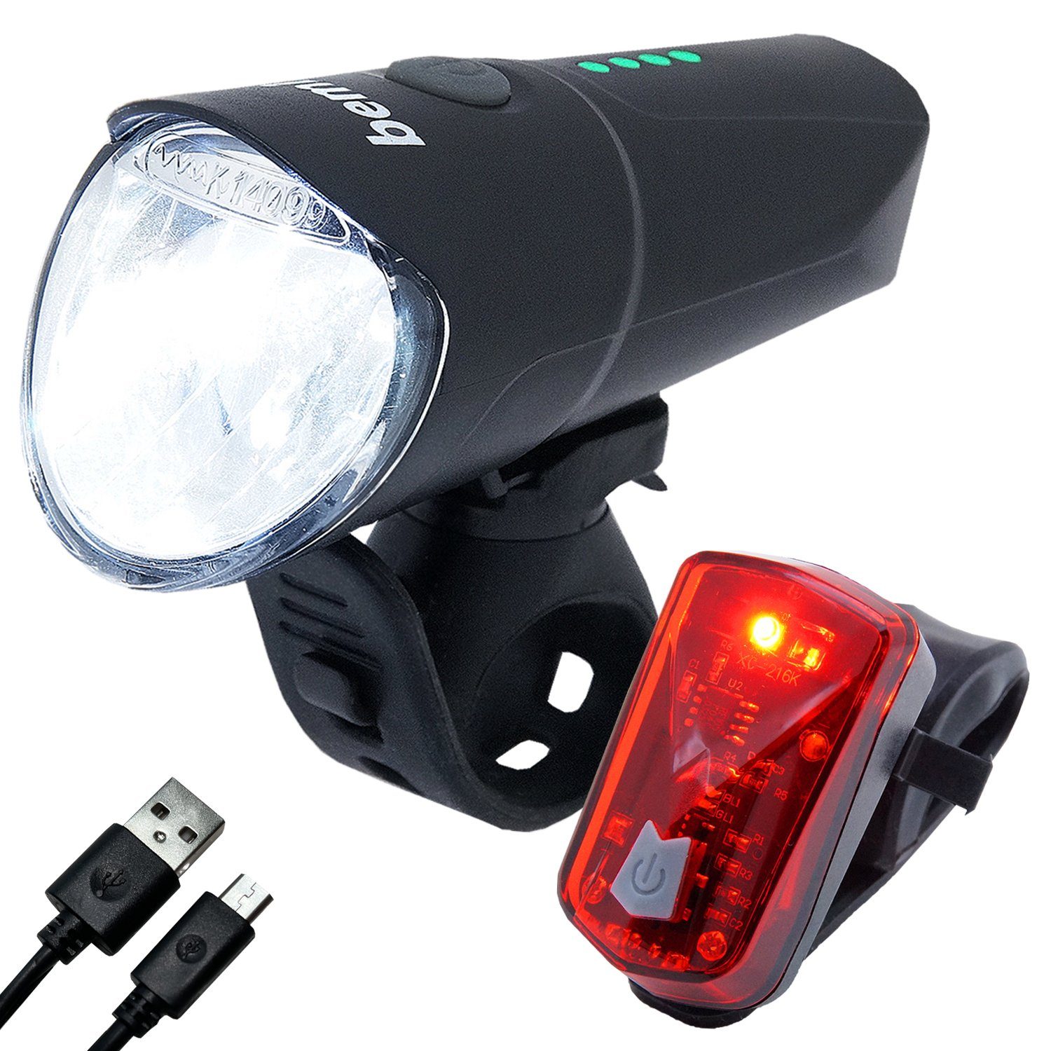 bemiX Fahrradbeleuchtung LED Fahrradlicht Set USB Akku 60 Lux  Wiederaufladbar Fahrradlampen Set Frontlicht mit OSRAM LED & Rücklicht  StVZO zugelassen abnehmbar