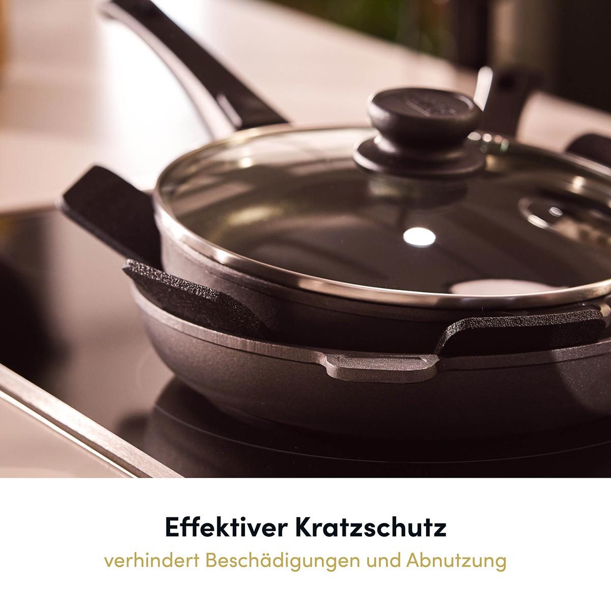 Hoffmann Germany Pfannenschoner Stapelschutz 38×38 cm, 6er-Set, zuschneidbar, hitzebeständig, Zubehör für alle Pfannen und Töpfe bis 38 cm, Set, 6-tlg., 5 mm stark, 90% Polyester, abwaschbar, Schutz für Kochgeschirr