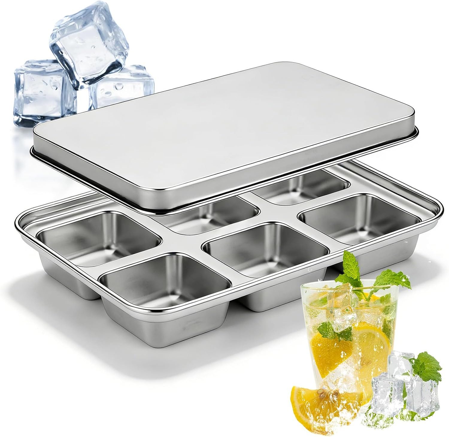 FELIXLEO Eiswürfelform 2er Pack Eiswürfelform Edelstahl 6 Fach Stapelbar Deckel Whiskey, (2-tlg)