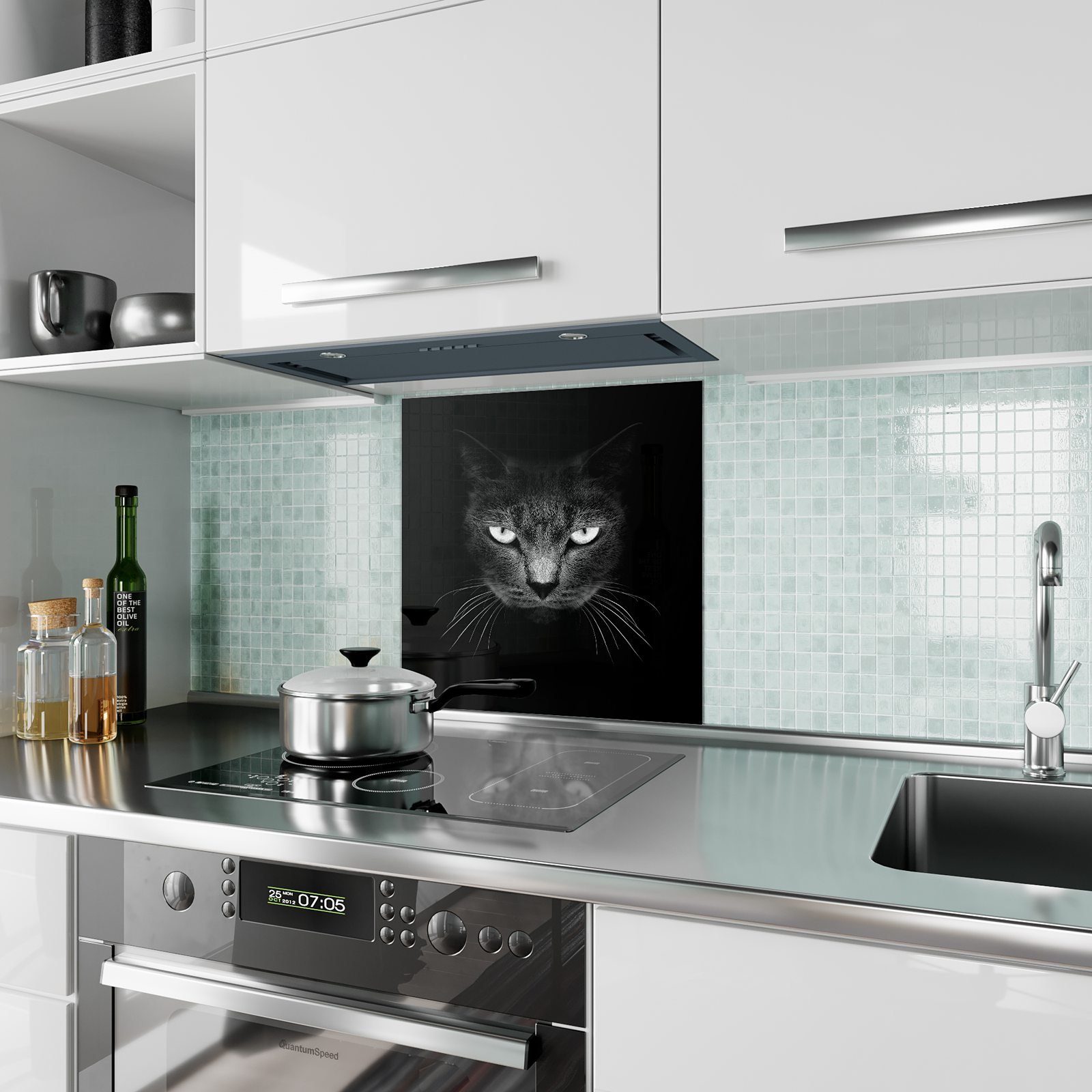 Primedeco Küchenrückwand Küchenrückwand Spritzschutz Schwarzer Katzenkopf mit Motiv nah Glas