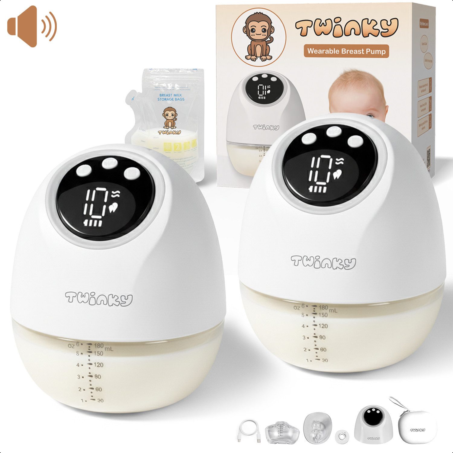 TWINKY Elektrische Milchpumpe Elektrische Doppelmilchpumpe, Freihändig, leise und schmerzfrei, 2-tlg., BPA-frei