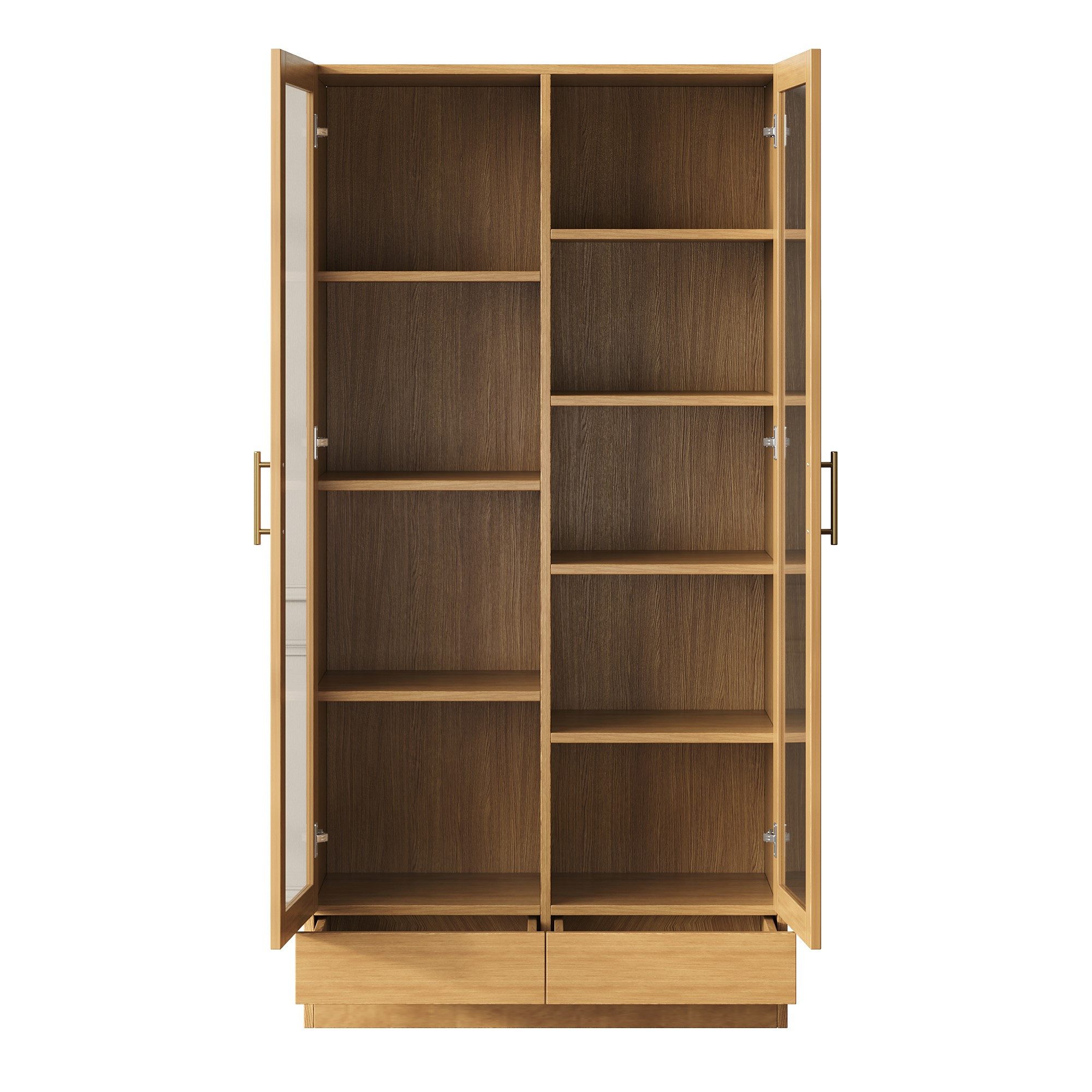 Flieks Glasvitrine Bücherregal mit 2 Glastüren und Schubladen (80x40x160 cm, 1-St) Hochschrank Aktenschrank Mehrzweckschrank mit 9 Fächern Holzoptik – Bild 4 von 5