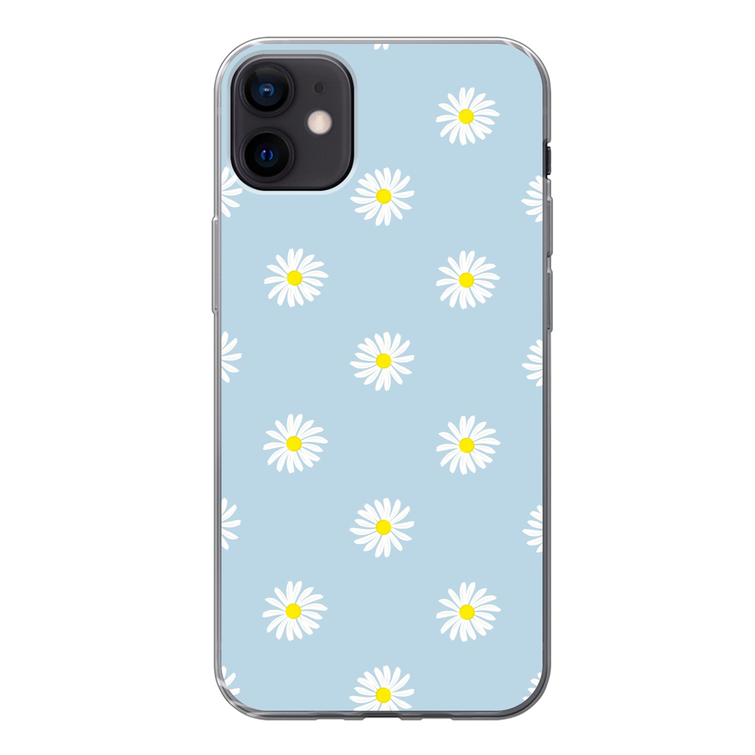 MuchoWow Handyhülle für Apple iPhone 12 mini Gänseblümchen - Pastell - Weiß - Blau - Blume, Smartphone-Bumper, Print, Handy Schutzhülle Dünn