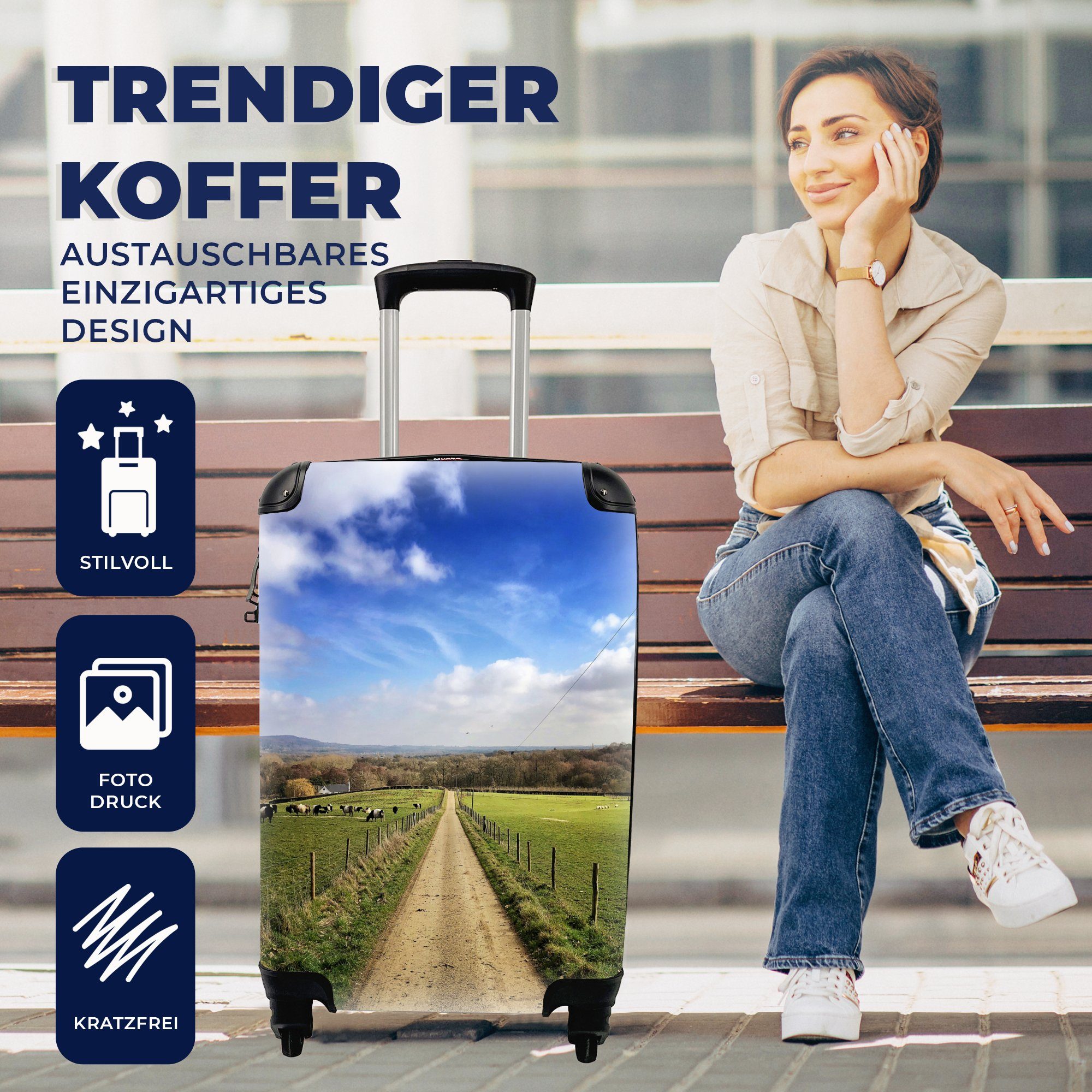 - Reisekoffer Reisetasche für Handgepäckkoffer Rollen, rollen, Wolken mit - Handgepäck Ferien, 4 Trolley, Kuh, Himmel MuchoWow