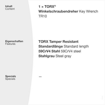 TORX Torxschlüssel TR Winkelschraubendreher Stahlgrau TR9-TR40 Winkelschlüssel, mit Bohrung