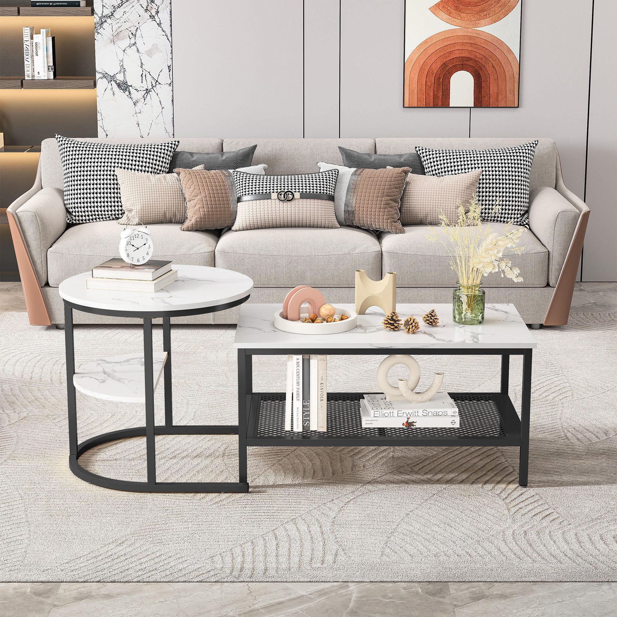 SEEZSSA Couchtisch 2er Set Satztisch Wohnzimmertisch Beistelltisch mit Marmor, für Wohnzimmer Kaffeetisch Schwarz,Metall,mit Bodenschutz – Bild 4 von 5