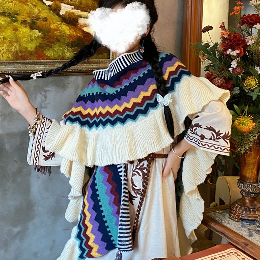 AUzzO~ Kaschmirschal Damen Reversible Poncho Gestrickter chal Folk-Stil Umhang Damen Schals, 133×88cm Blau