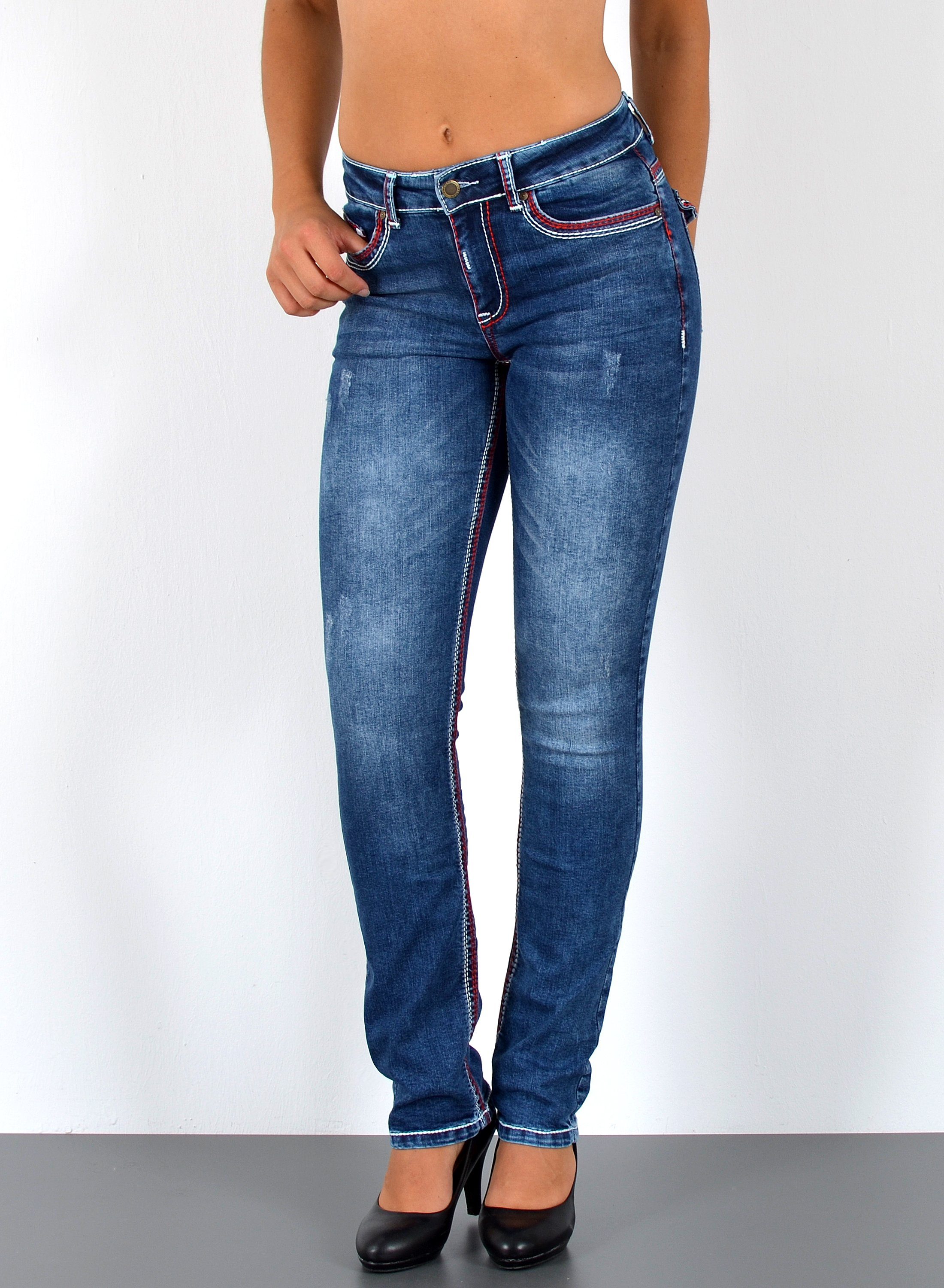 ESRA Straight-Jeans G1200 High Waist Straight Fit Jeans Damen mit dicker  Naht, bis Übergröße / Plussize Größe, Damen Straight Leg Jeans mit  Kontrastnähten Hochbund, Gerade Schnitt Jeans Damen mit roter Naht Große