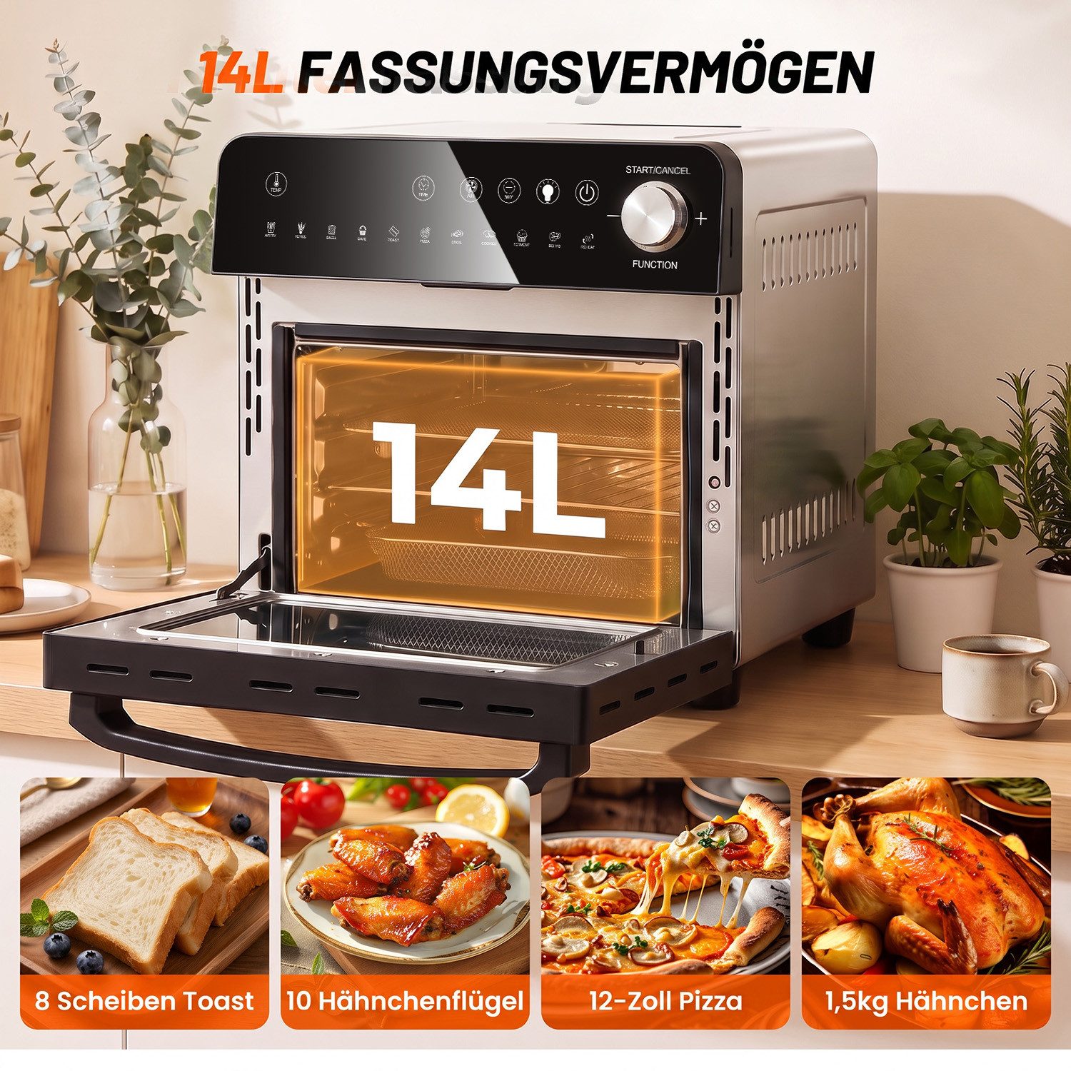 oyajia Heißluftfritteuse XXL Minibackofen 14L Airfryer, 11 Automatikprogramme mit Rotisserie-Funktion, Sichtfenster Innenbeleuchtung, Timer, 7 Anhänge, 1800 W, Vielseitiges Küchengerät zum Frittieren, Backen, Trocknen Aufwärmen