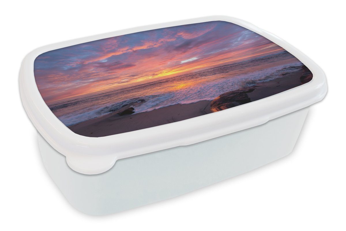 MuchoWow Lunchbox Strand - Meer - Sonnenuntergang, Kunststoff, (2-tlg), Brotbox für Kinder und Erwachsene, Brotdose, für Jungs und Mädchen weiß
