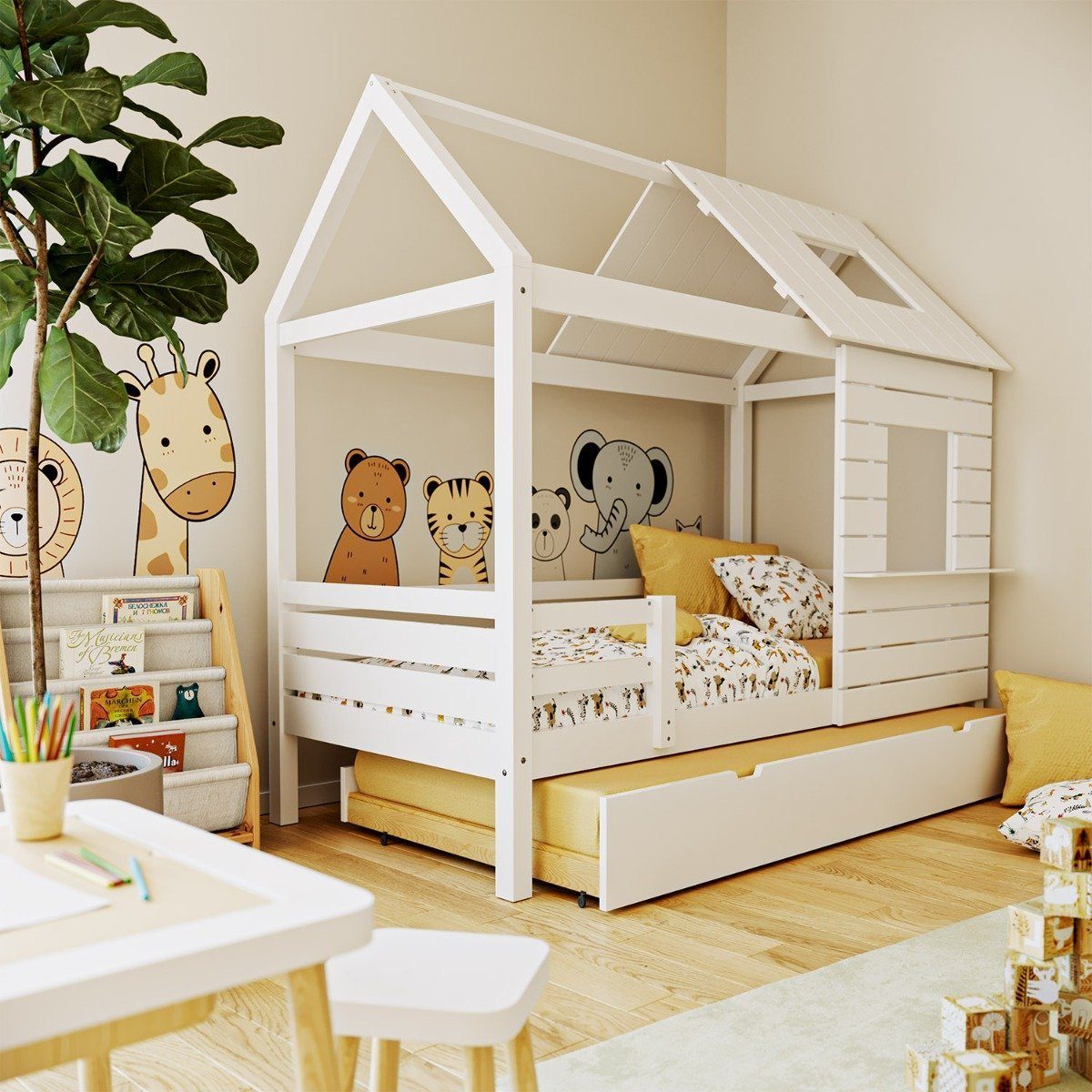 Artkid Kinderbett ArtKid Roxy Hausbett inkl. Gästebett in Weiß, 90x200 cm (Artkid Roxy Hausbett weiß 90 x 200 cm), Hausbett, Massivholz, mit Gästebett
