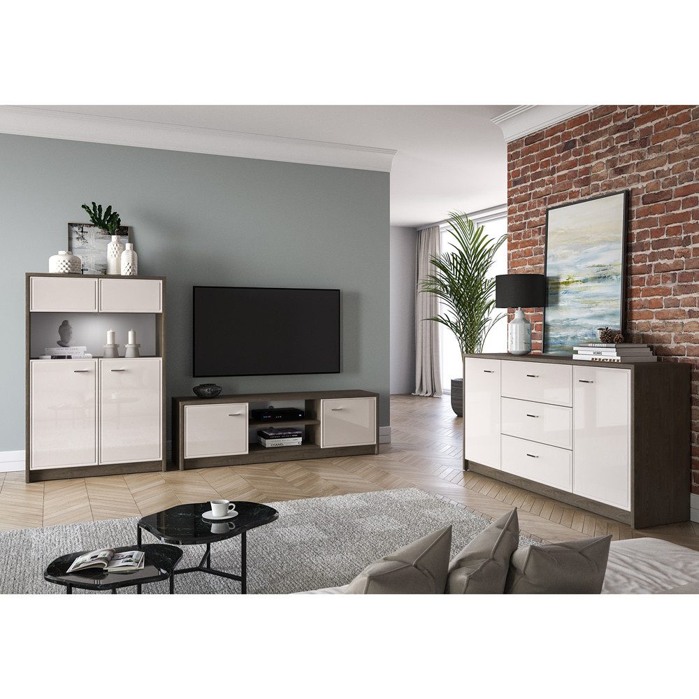 Lomadox Wohnzimmer-Set ALESSANDRIA-131, (Mega-Spar-Set, 3-St., Sideboard Lowboard Highboard), in Beige mit Eiche, inkl. LED Beleuchtung