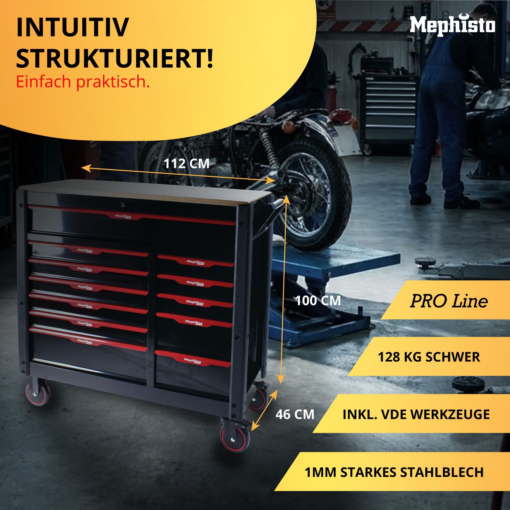 Mephisto-Tools Werkzeugwagen, (umfangreich bestückt), 12 abschließbare Schubladen, Werkzeug ist aus hochwertigem CRV