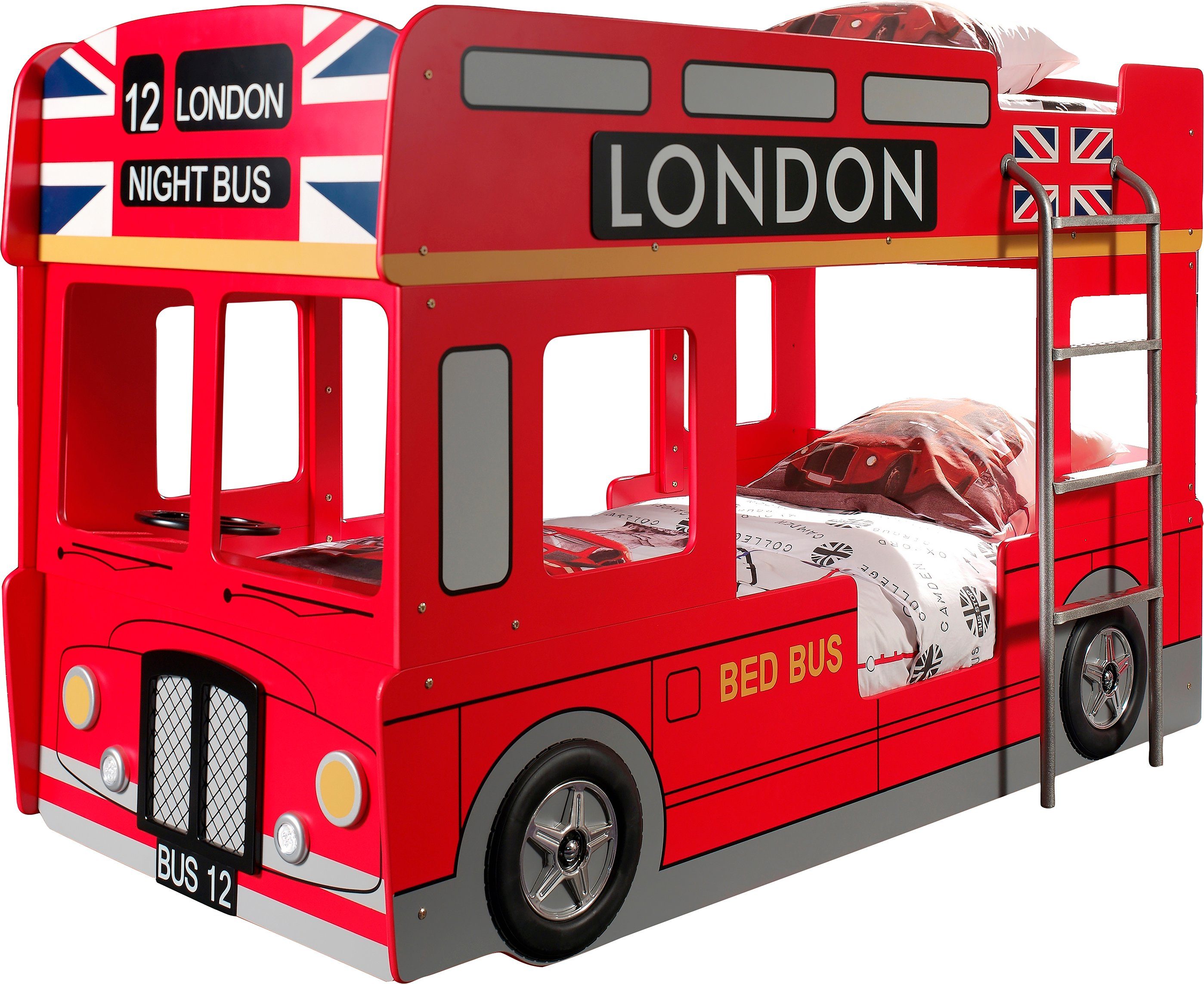 Vipack Etagenbett London, in Londoner Stadtbuss-Optik, das Highlight im Kinderzimmer (B/H/T ca. 215x132x100cm, MDF rot lackiert mit Applikationen), inkl. Bodenplatten für die Matratzenauflagen und seitlicher Leiter