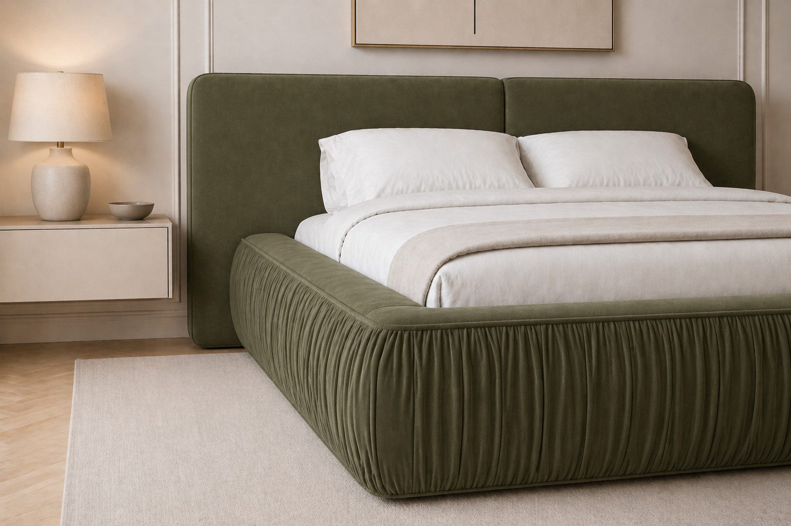 MOEBLO Polsterbett 08 (aus edlem Samt (Riviera Velours) – Modernes Designer-Doppelbett mit weich gepolstertem Kopfteil, stabilem Metall-Holz-Rahmen und großem Bettkasten mit Gaslift – Komfortables Stauraumbett für stilvolle Schlafzimmer), (BxHxT): 207 / 227 / 247 x 94 x 240 cm