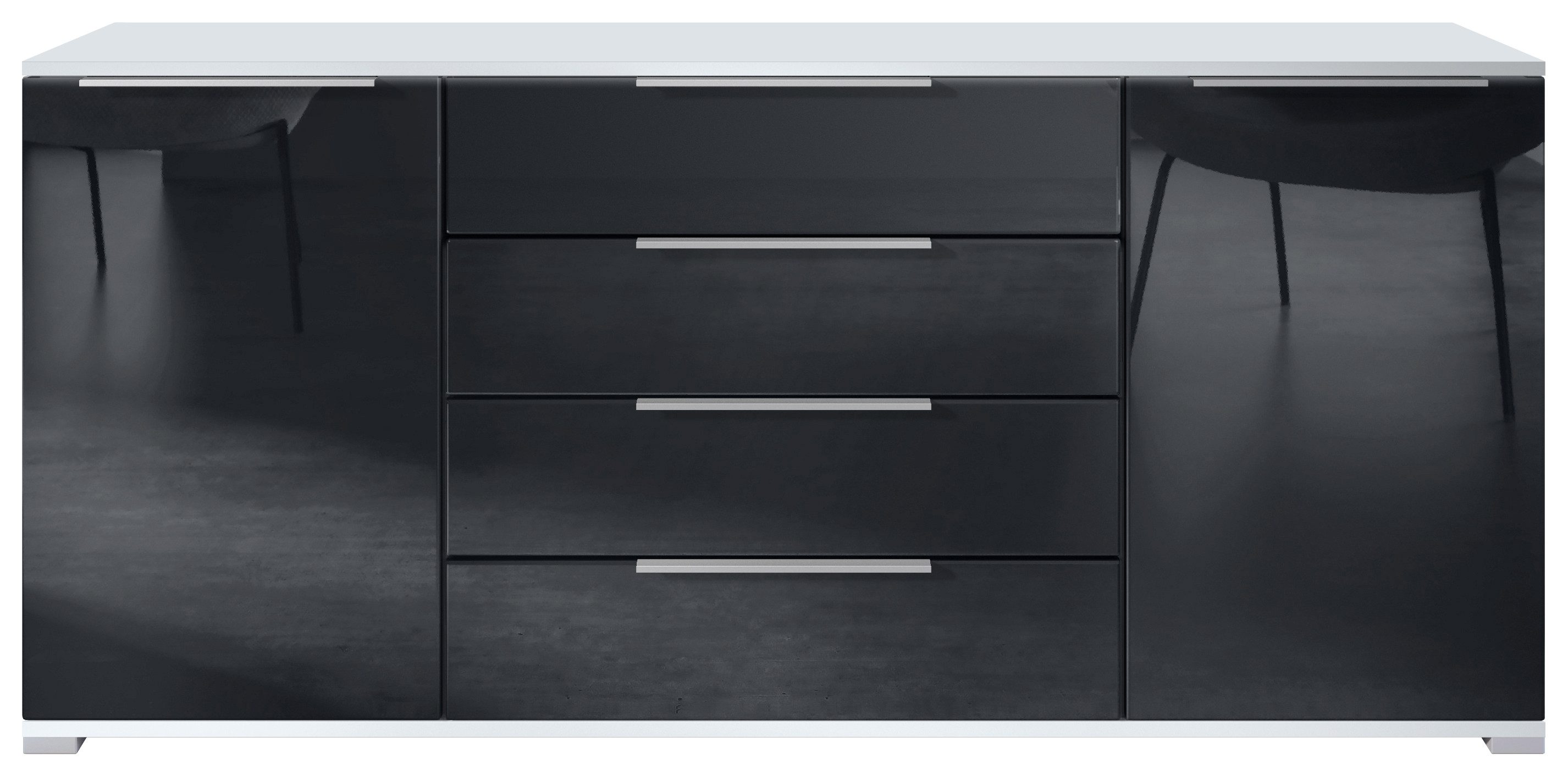 Vladon Sideboard Linio V2 (Moderne Kommode, mit 2 Türen & 4 Schubladen), Weiß matt/Schwarz Hochglanz, 166,5 x 75,5 x 35 cm (BxHxT)