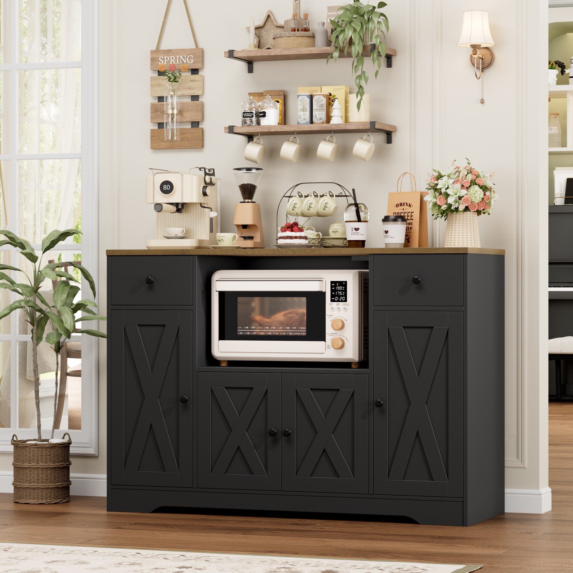 HOMECHO Sideboard, Küchenschrank mit verstellbare Ablagen und Mikrowellenregal