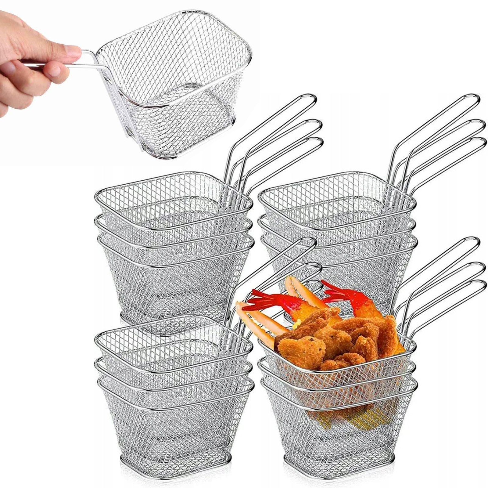 MODFU Frittiereinsatz Frittierkorb Pommeskorb Küchenfrittierkorb Servierkorb, (12er Set Servierkörbchen Edelstahl hitzebeständig, 12-tlg), mit Henkel für Pommes Snacks Beilagen ideal für Küche Restaurant Party