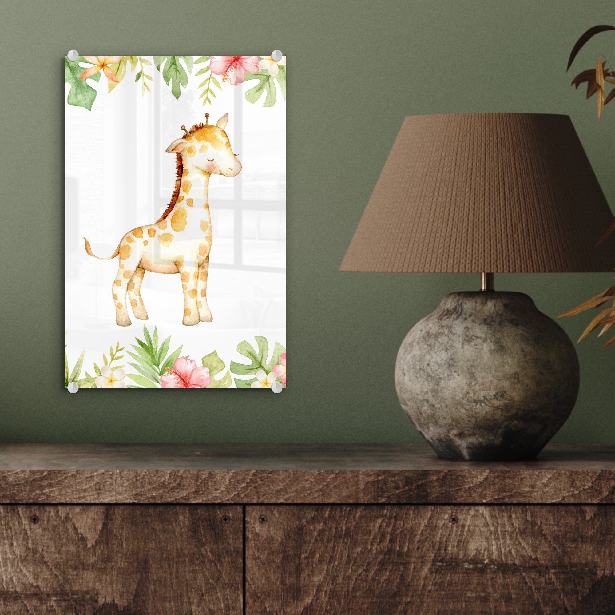 Glas - auf Bilder - (1 Glasbilder Giraffe Acrylglasbild Dschungel Aquarell, Glas - auf - Wandbild Wanddekoration MuchoWow Foto St), -