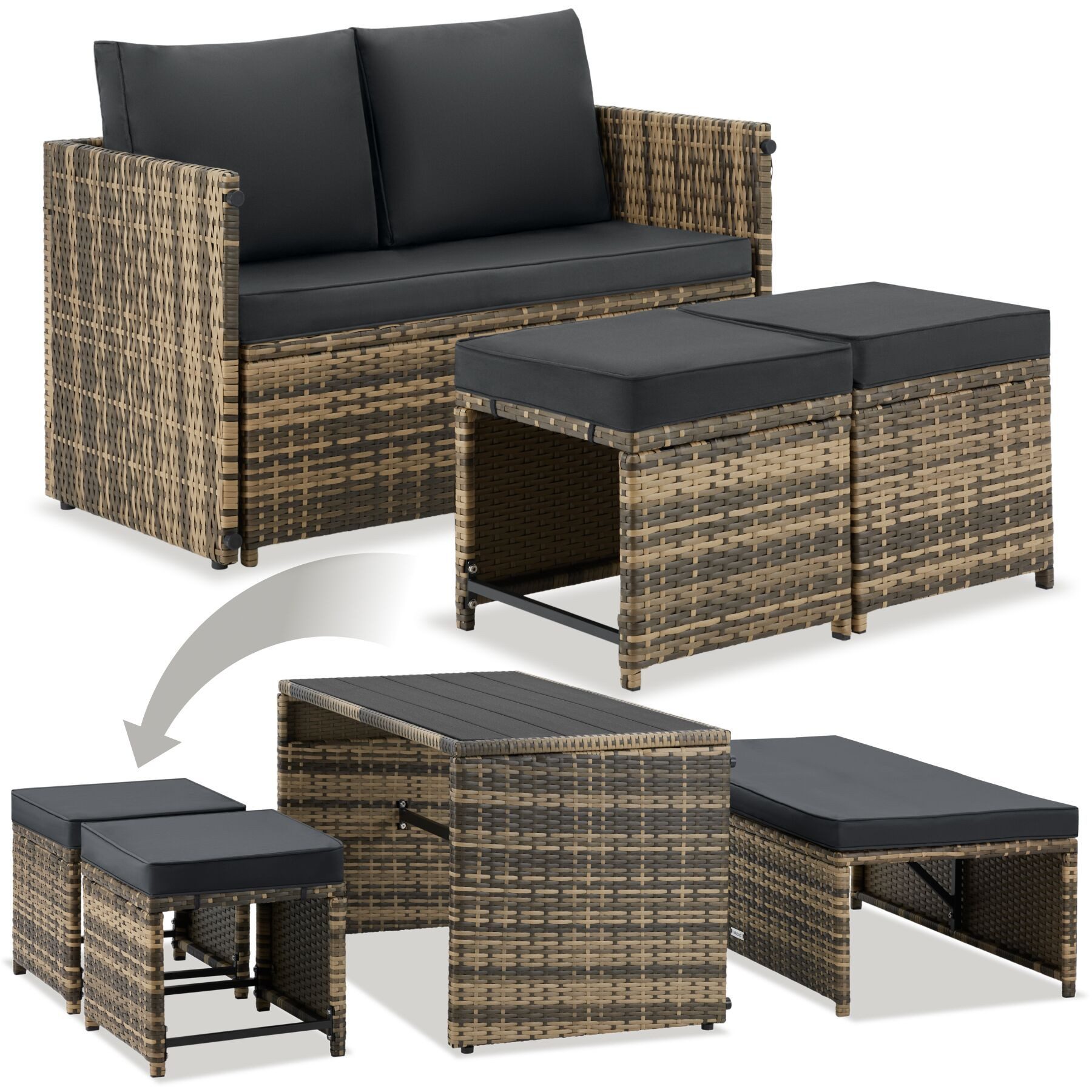 tectake Sitzgruppe 2-in-1-Rattanlounge-Set, höhenverstellbare Tischfüße, (Rattansitzmöbel Monopoli, 3-tlg., in natur), Tisch mit Lamellen, Belastbarkeit Bank 250 kg, Tisch 100 kg
