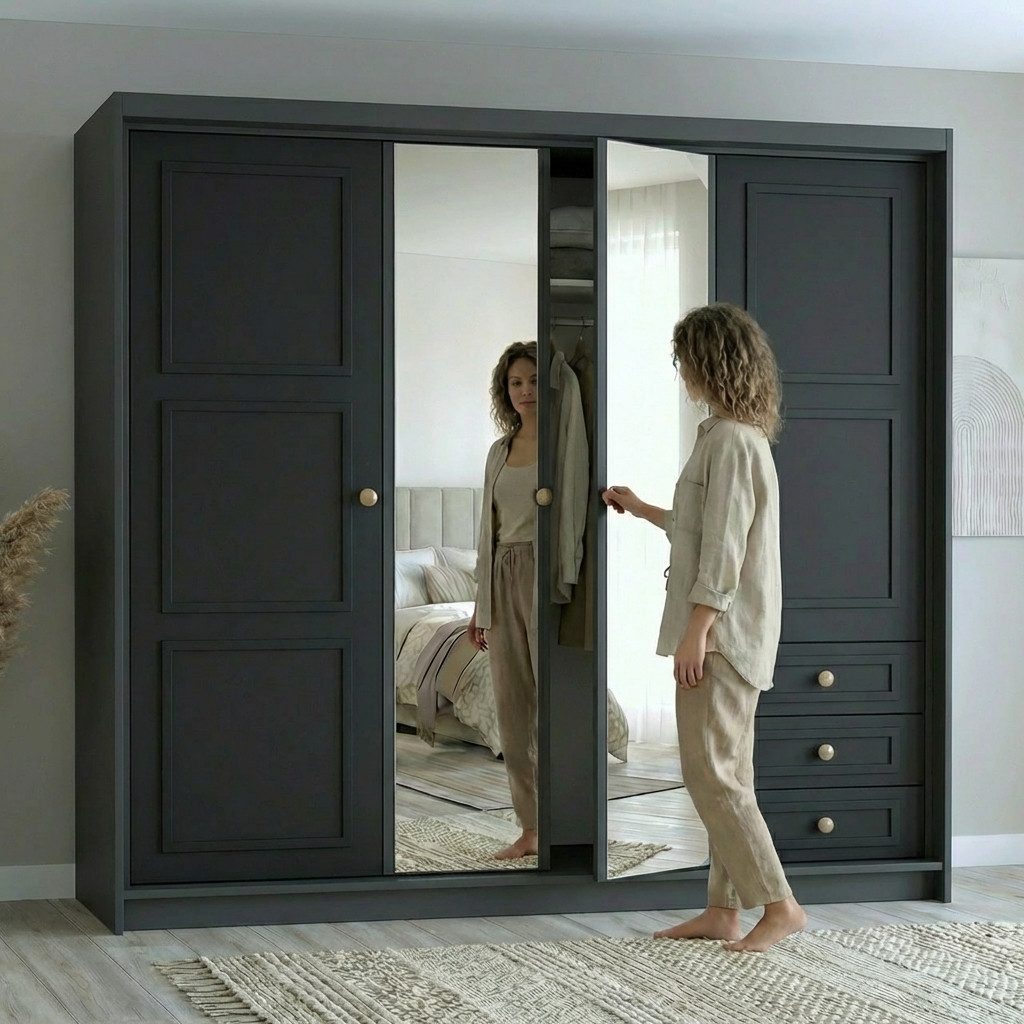 A&J MöbelLand GmbH Drehtürenschrank OSLO viertüriger Kleiderschrank mit Schubladen und Metallgriffen (Geräumiger viertüriger Kleiderschrank mit Schubladen und Metallgriffen. Geräumiger Schrank mit einer Breite von 200 cm und Schubladen, ideal zur Aufbewahrung von Kleidung und Accessoires. Viel Stauraum. TOP PRODUKT! Wählen Sie das ideale Modell für Ihr Schlafzimmer!, TOP ANGEBOT) Breite: 200 cm, Höhe: 215 cm, Tiefe: 59,5 cm