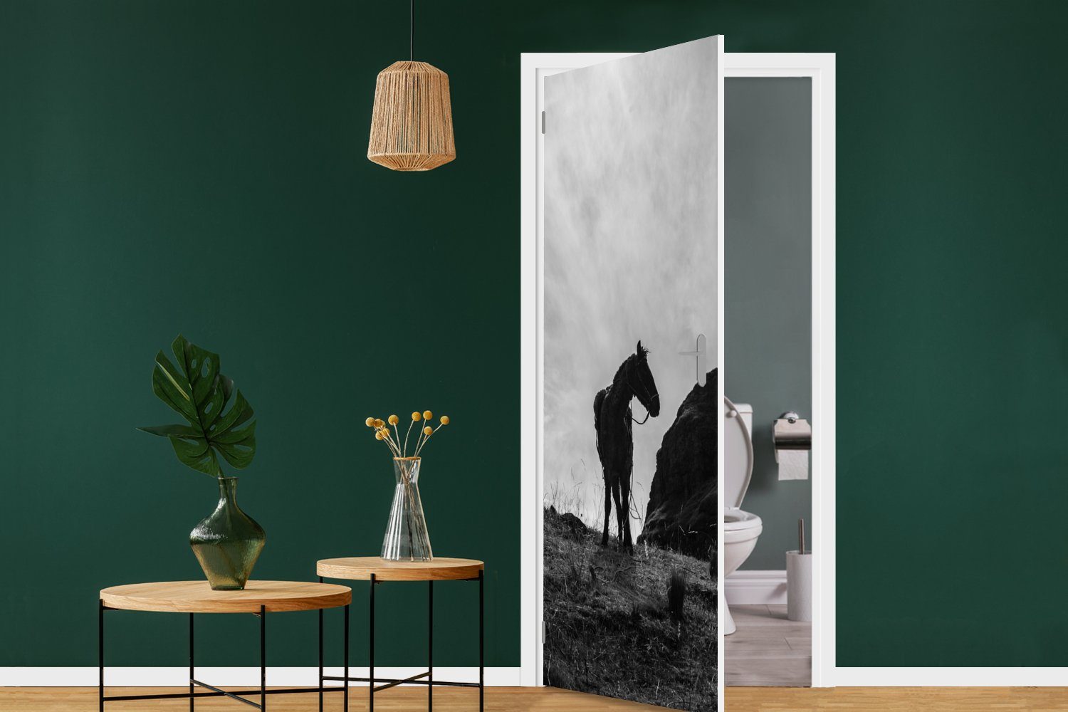 Fototapete bedruckt, Türtapete Tür, Wolken Wiese, Türaufkleber, - St), Pferd (1 für MuchoWow Matt, 75x205 - cm