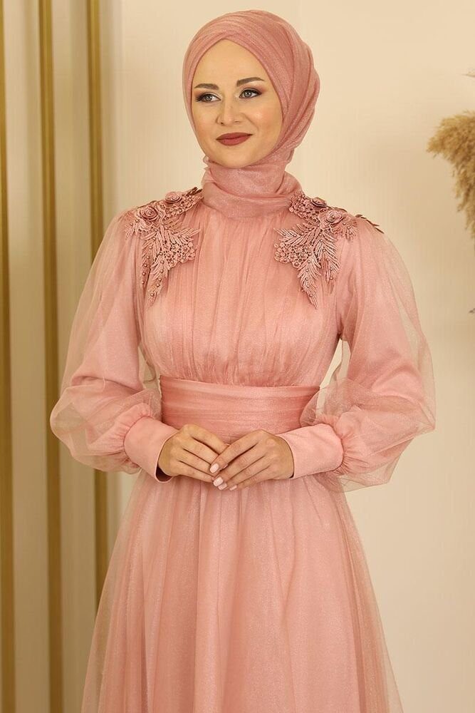 fashionshowcase Tüllkleid Abendkleid mit Blumen Guipure-Details Abiye Abaya - Modest Fashion Maxilänge für besondere Anlässe