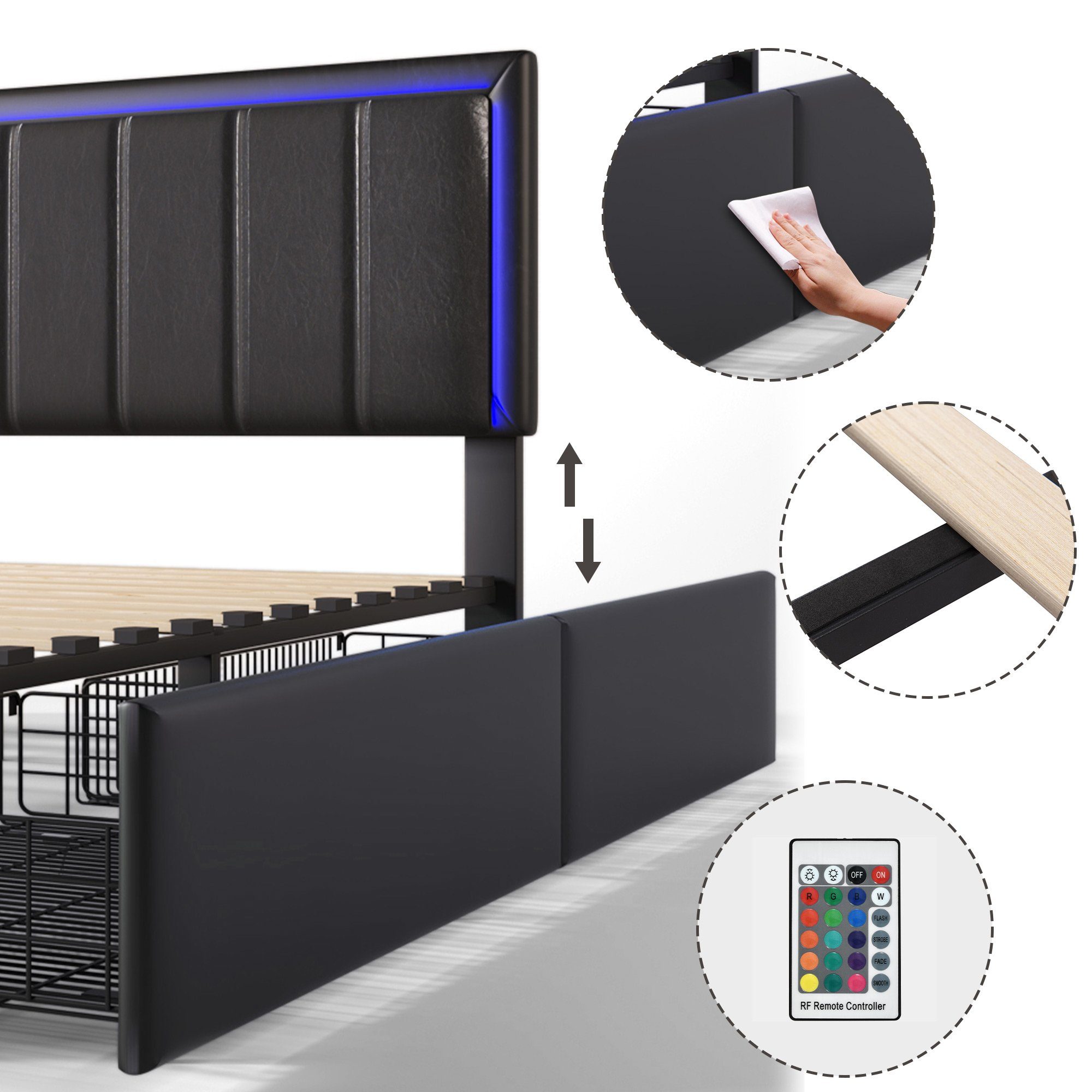 Polsterbett (Funktionsbett, 140 x 200 cm, mit 4 Schubladen, verstellbarem Kopfteil und Lattenrost), Doppelbett mit LED-Beleuchtung, Lattenrost aus Holz, Kunstleder