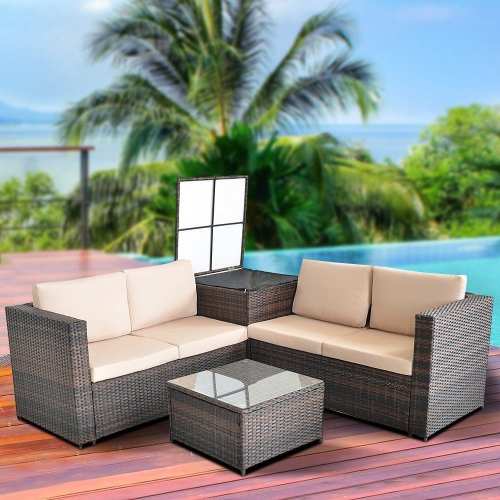 Melko Gartenlounge-Set Rattanlounge + Tisch und Kissenbox Garten Sofa Loung günstig online kaufen
