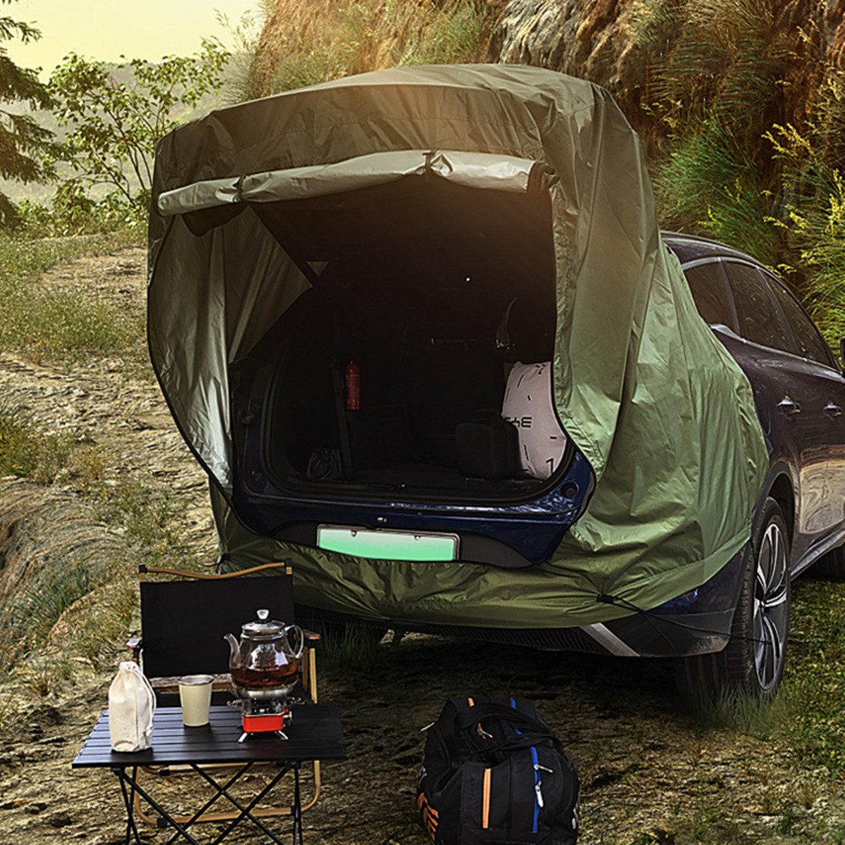 MECO Faltzelt Campingzelt SUV Auto-Heckzelt 2,0×1,2×2,4m, (Outdoor Kofferraum Zelt Erweiterung, Sonnenschutz Vordach für Reisen), 210D Oxford wasserdicht, Sonnenschutz