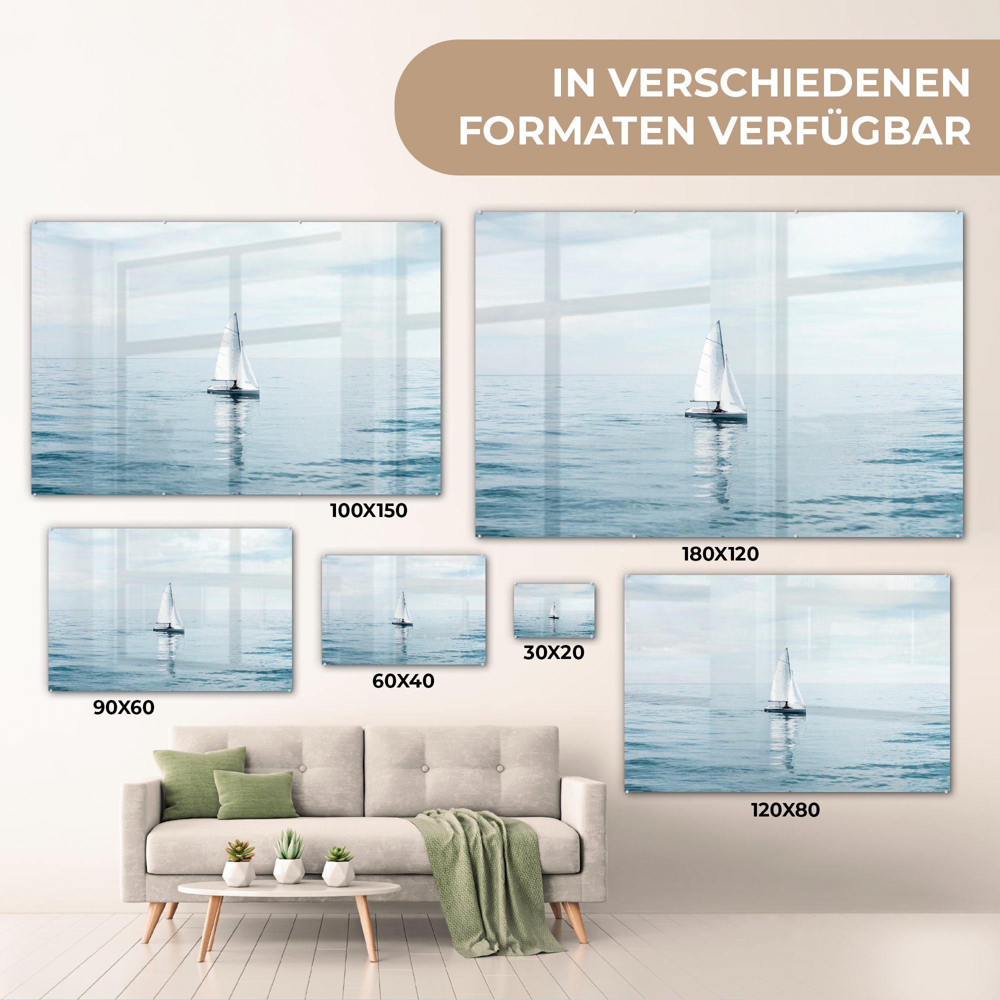 auf Glasbilder (1 Glas - Meer - Segelboot Bilder St), Foto Blau, Acrylglasbild auf Wanddekoration - Wandbild MuchoWow Glas - -