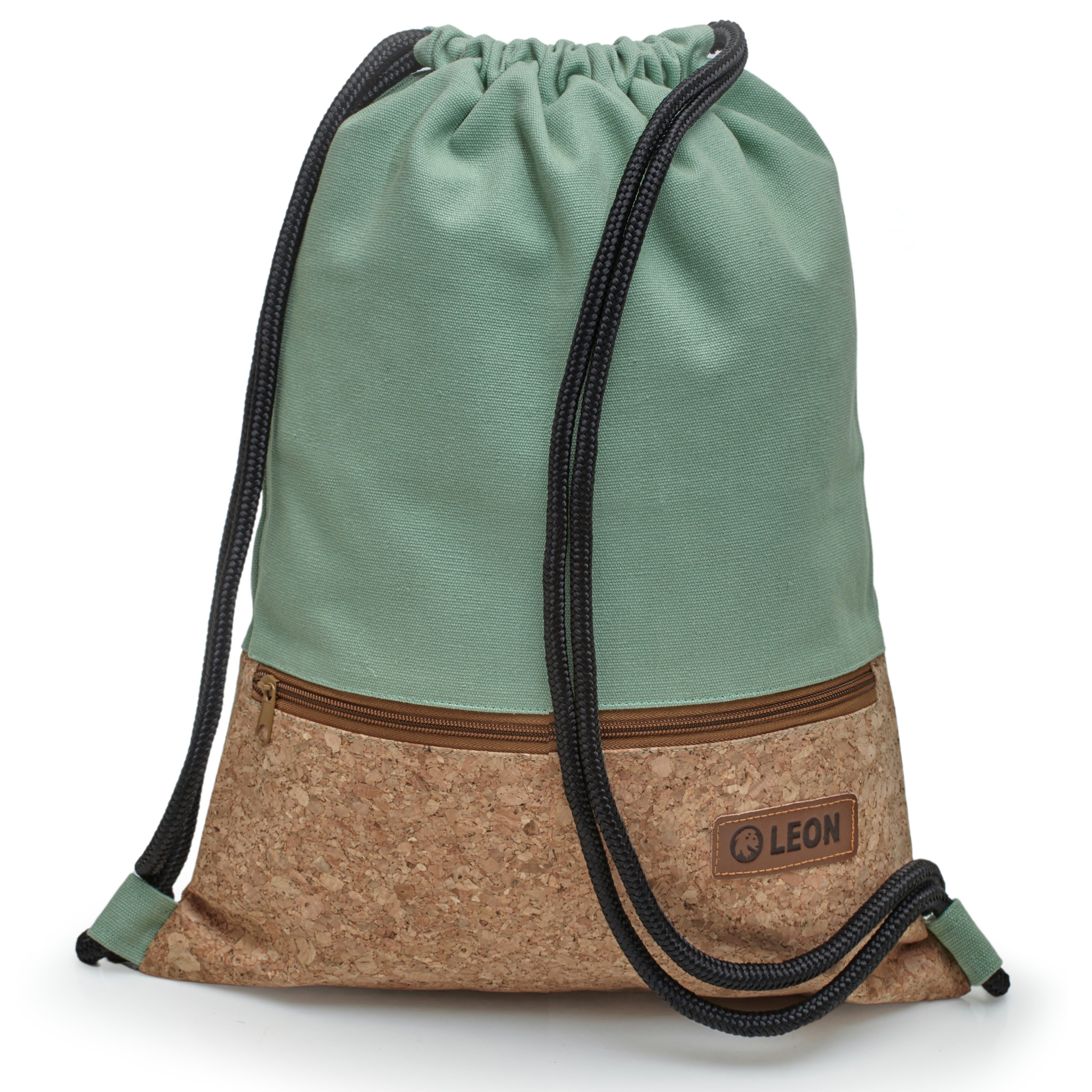 By Bers Freizeitrucksack Leon By Bers Turnbeutel (Tagesrucksack für Strand Sport Festival Freizeit Alltag Einkauf aus Baumwolle Innentasche Schlüsselband), robuste hochwertige Baumwolle, bestens verarbeitet TB_KORK_Mint