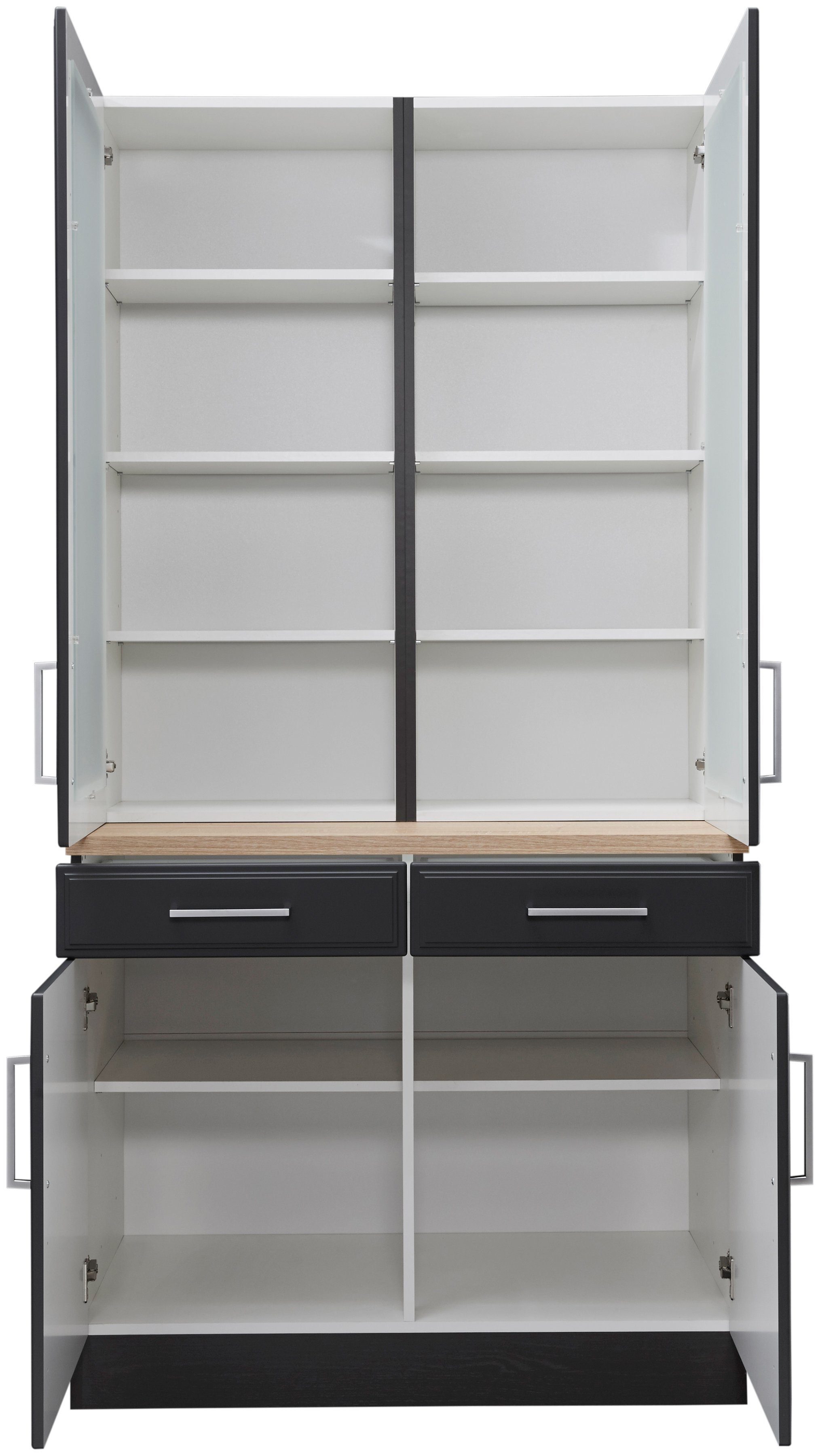 KOCHSTATION Küchenbuffet KS-Stockholm hochwertige MDF-Fronten, 2 Glasrahmentüren, 200 cm hoch, viel Stauraum