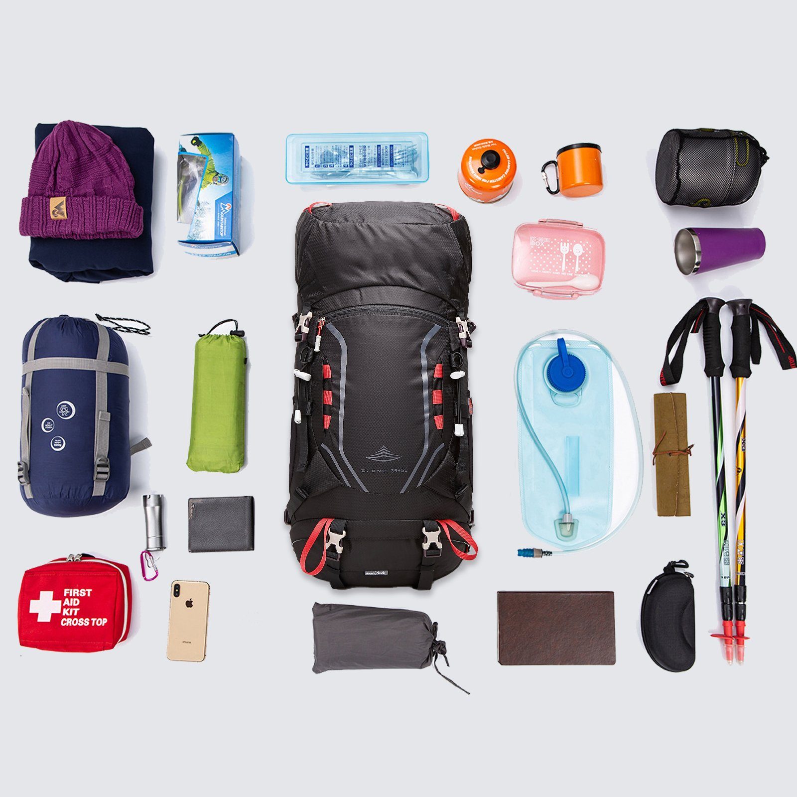 TAN.TOMI Wanderrucksack (30L+5L) Reisen mit Regenschutz), (Einschließlich 35L Großer Regenschutz Camping für Rückenbelüftung Trekking Wanderrucksack Outdoor mit Schwarz