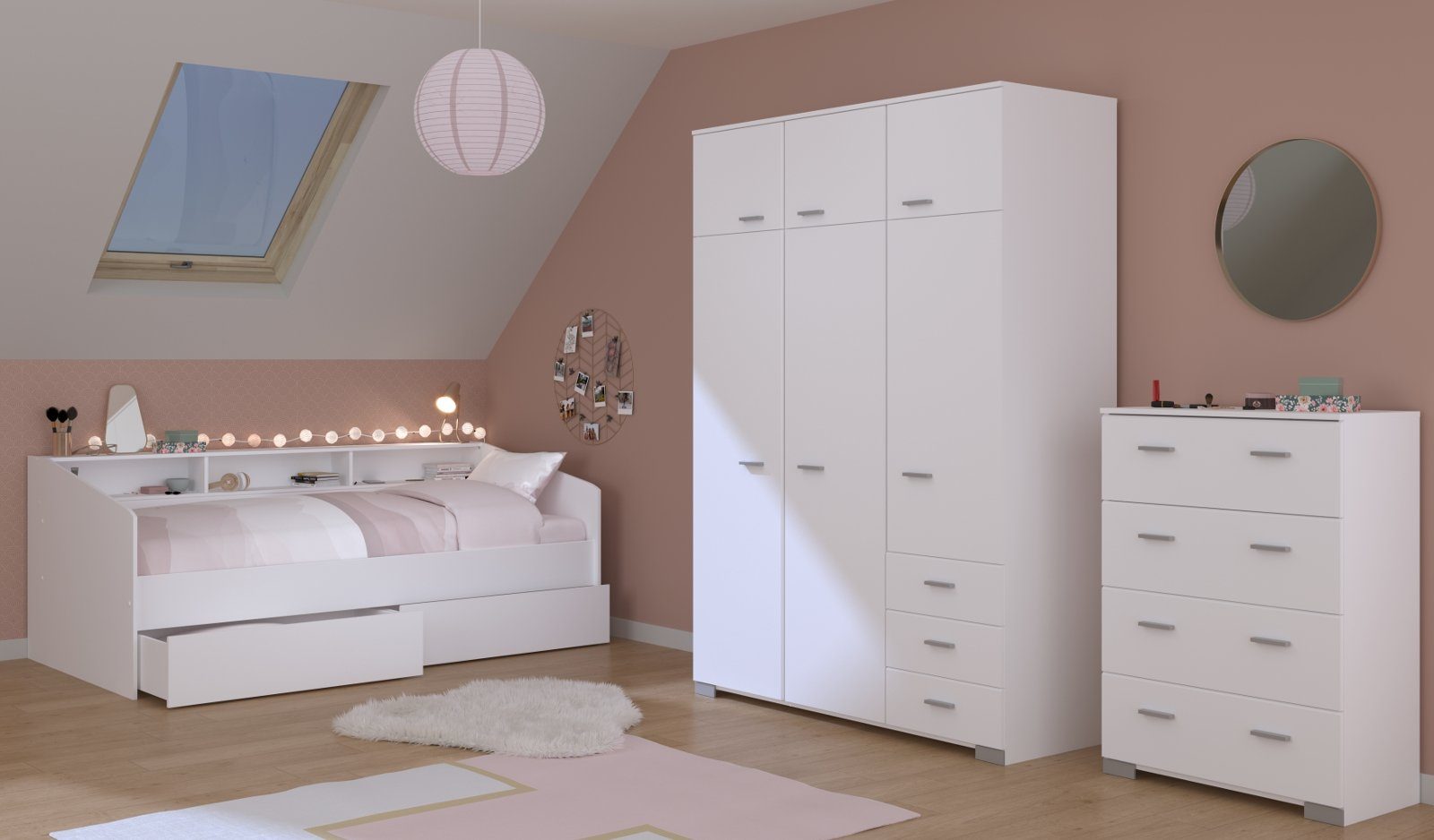 Parisot Jugendzimmer-Set Sleep, (Kinderzimmer Komplett-Set in weiß, 4-teilig), mit 6-türigem Kleiderschrank
