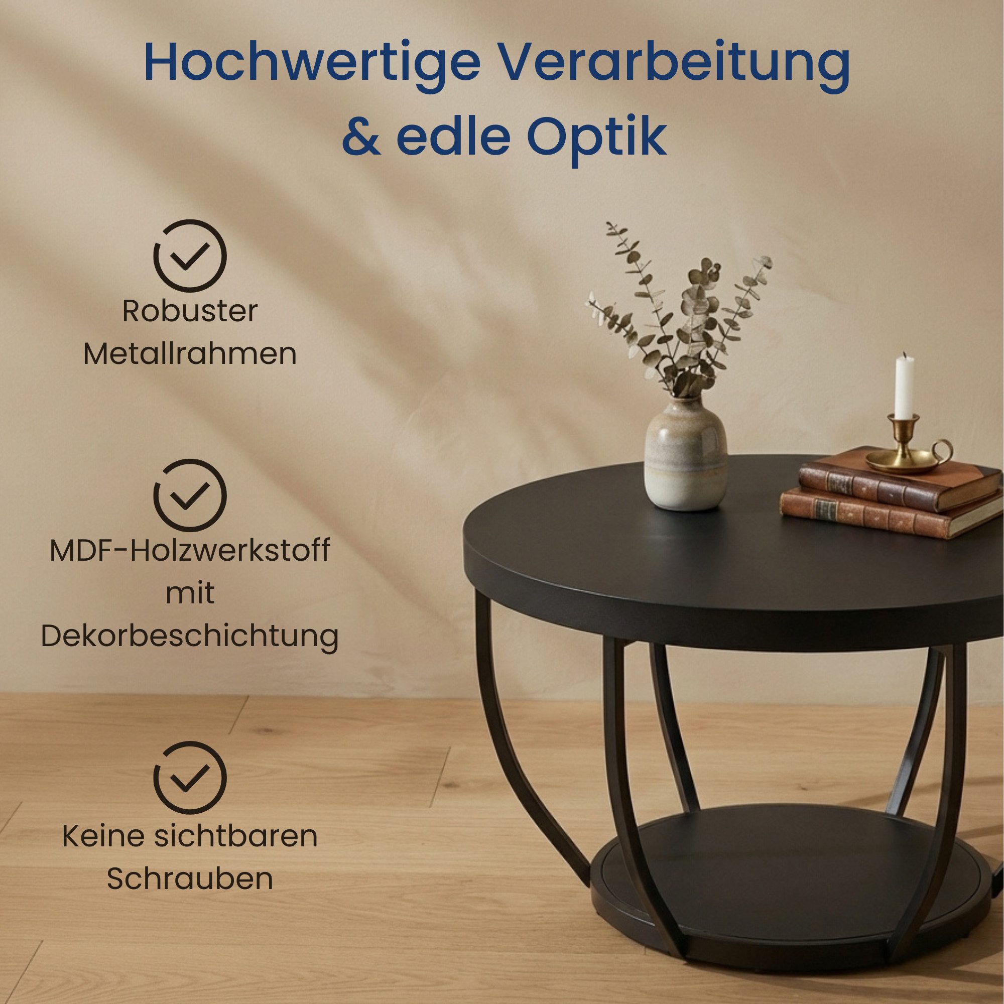 Home Collective Couchtisch Beistelltisch rund Ø 80 cm moderner Wohnzimmertisch mit 2 Ablagen (ideal als Büro Ablagetisch oder als Wohnzimmer Deko), hochwertiges – Bild 5 von 5