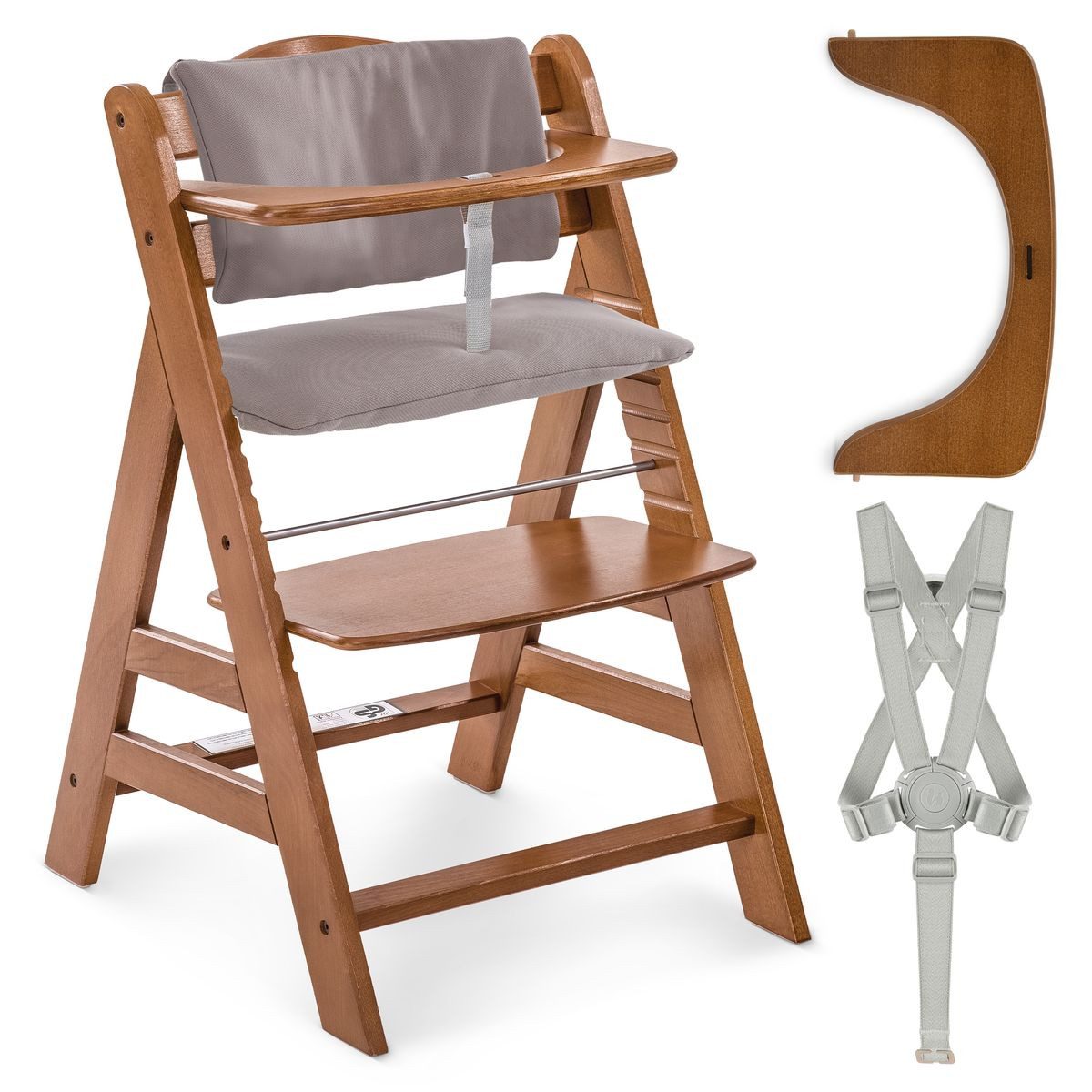 Hauck Hochstuhl Alpha Plus Set - Walnut, Mitwachsender Holz Kinderhochstuhl ab 6 Monaten mit Sitzauflage & Gurt