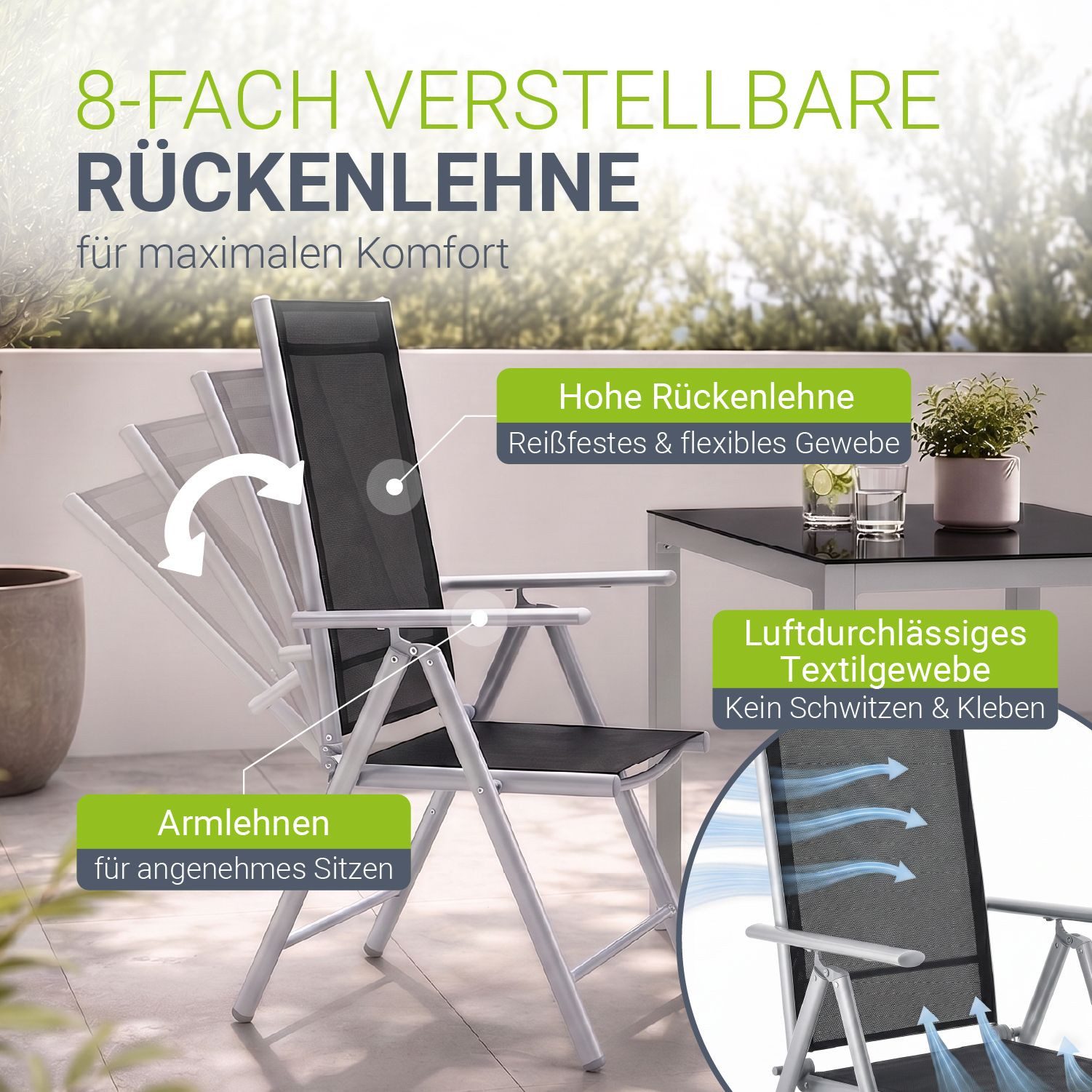 Juskys Garten-Essgruppe Milano, (5-tlg), 4 Gartenstühlen plus Tisch - Stühle klappbar und verstellbar