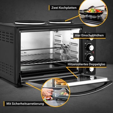 TZS FIRST AUSTRIA Minibackofen Pizzaofen mit Kochplatten, 60L, 3400W, Mini Backofen mit Umluft, max 230°C, Backblech, Drehspieß, Grillrost, Innenbeleuchtung