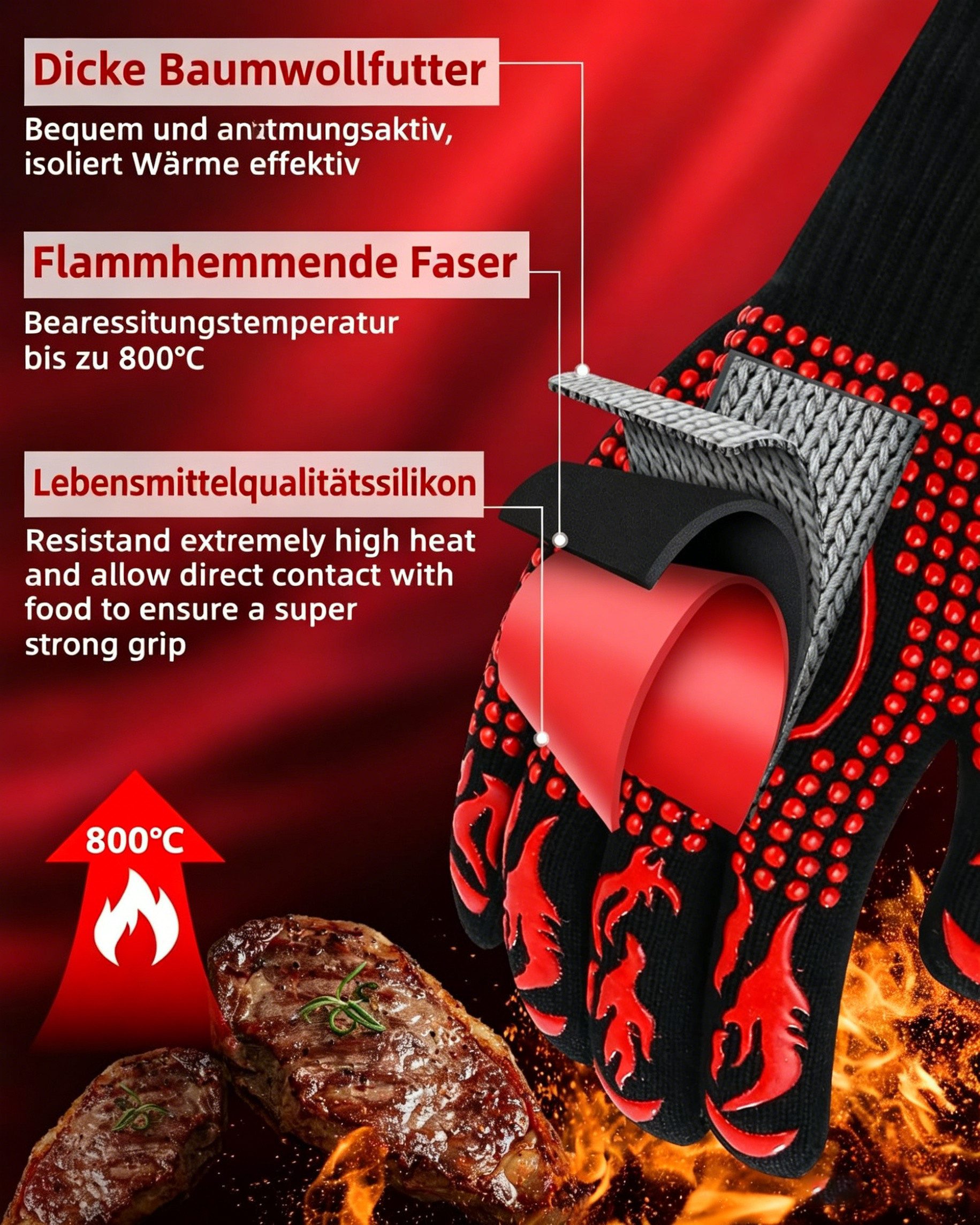 Forrlite Grillhandschuhe Hitzebeständige Handschuhe zum Grillen, Kochen und Backen, (Hitzebeständige Grill- & Ofenhandschuhe für Küche, Backen, BBQ – Schutz vor Verbrennungen und heiße Töpfe sicher greifen)