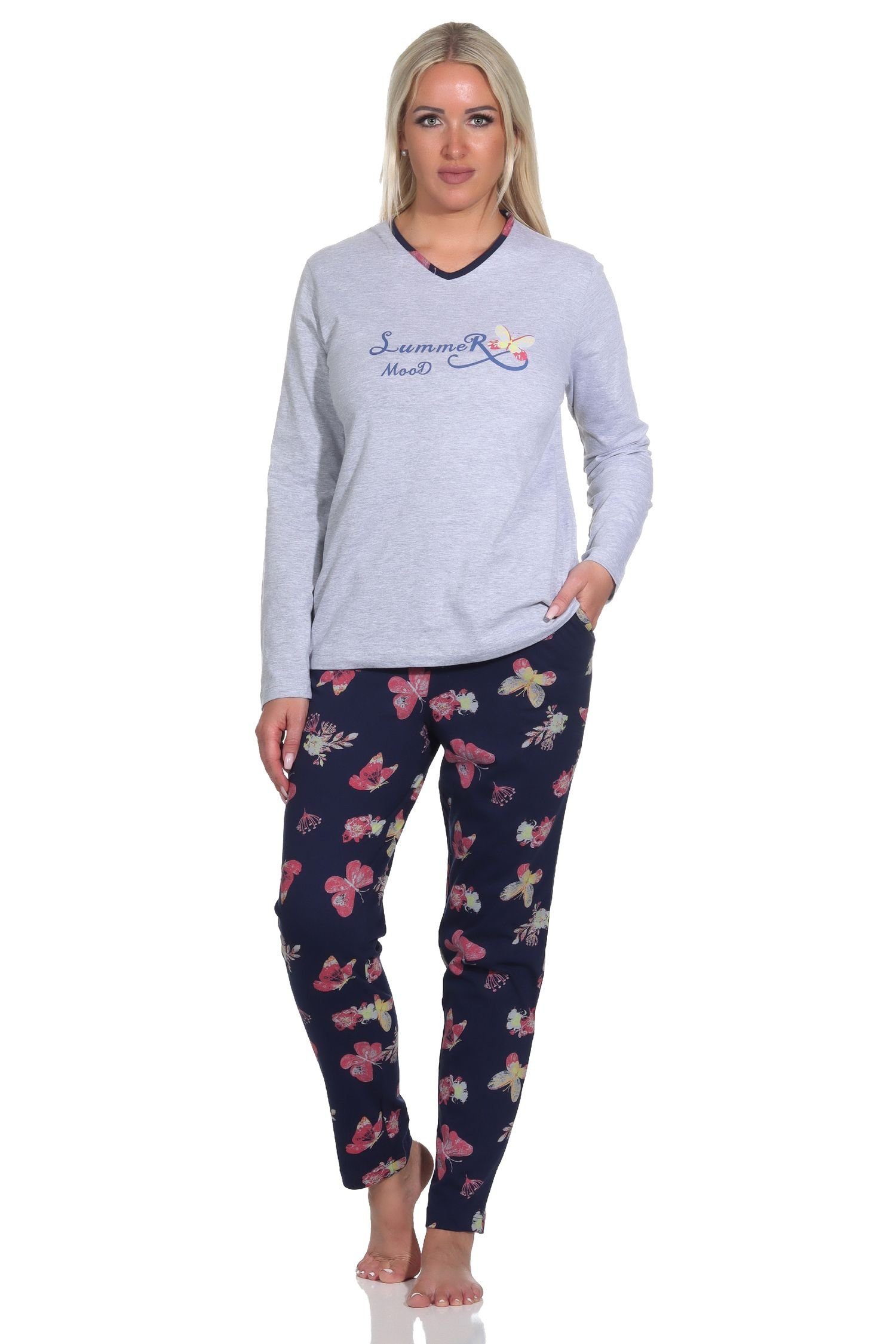 grau-mel. Pyjama Schlafanzug auch Schmetterlingsmotiv in Normann Übergröße - mit Damen langarm