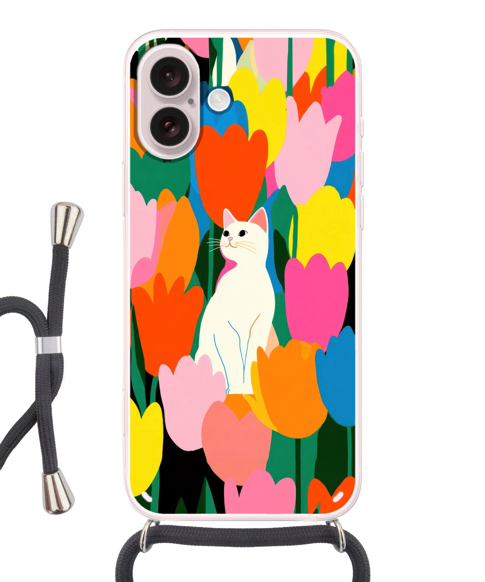 MuchoWow Handyhülle für Apple iPhone 16 Tulpen - Katze - Farbenfroh, Tragbare Handyhüllen mit Kette zum umhängen, Handykette Handyband